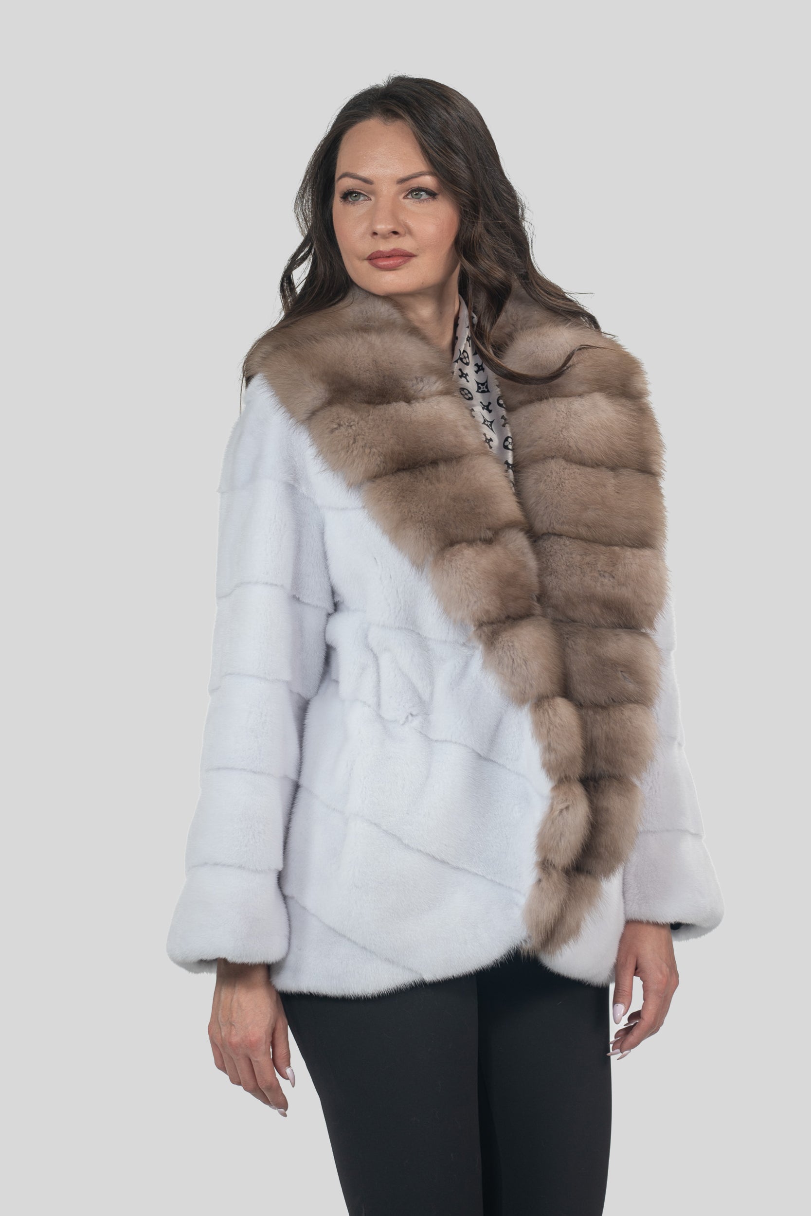 White Mink Half Coat with Baumarten Trim V/K19C123