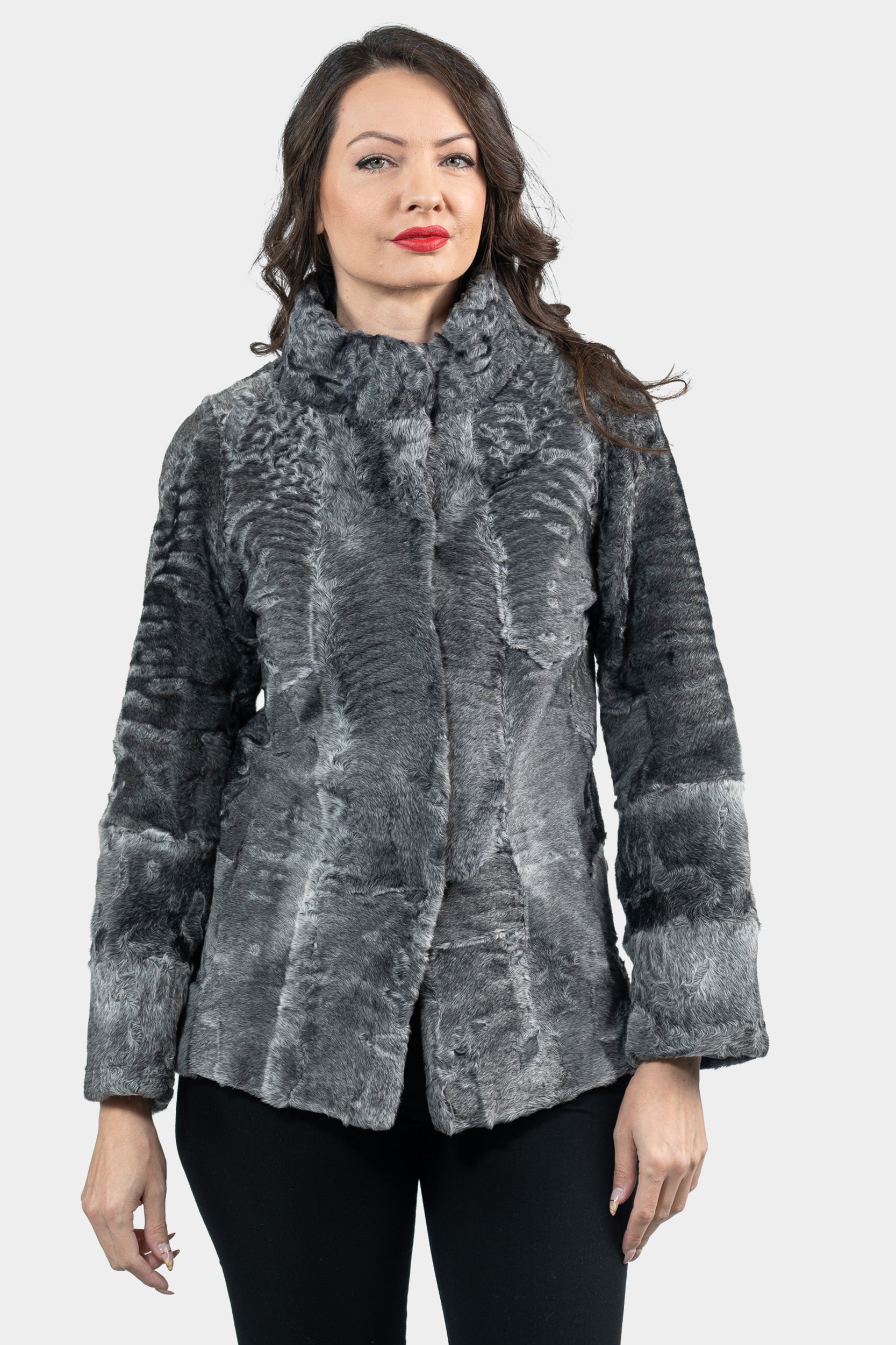 Gray Swakara Jacket with Stand Collar S/S13C528