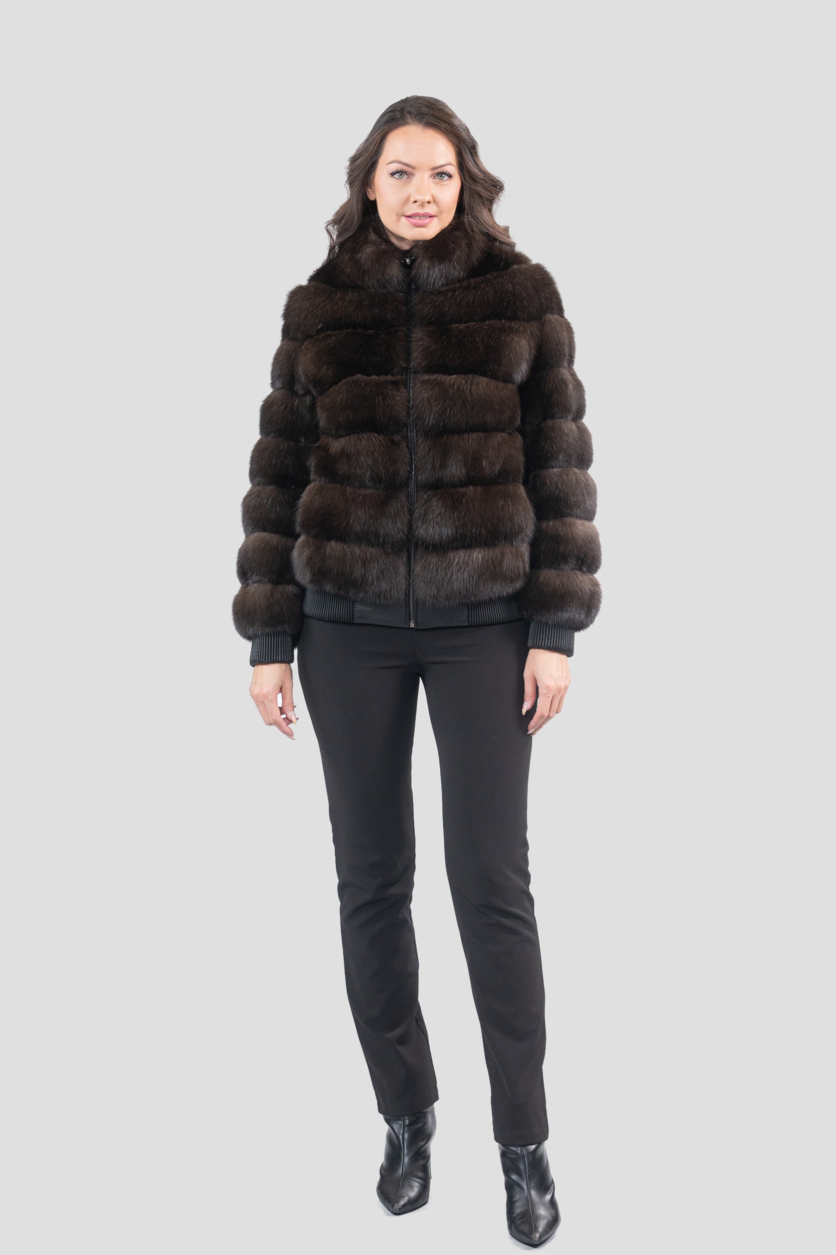 Reversible Dark Russian Sable Bomber Jacket with Stand Collar P/K228