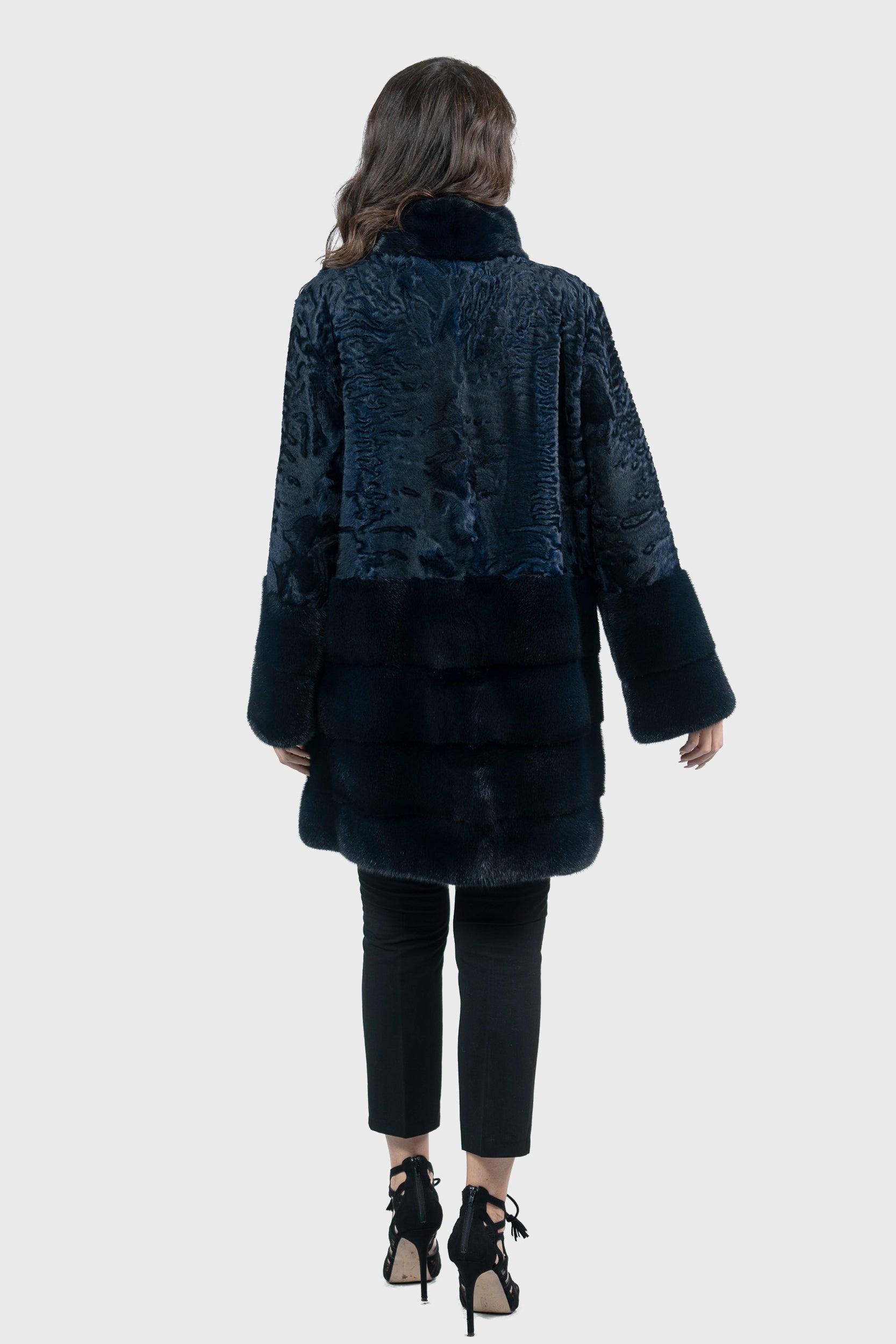 Blue Black Swakara Half Coat with Mink Trim S/SR/K16C733