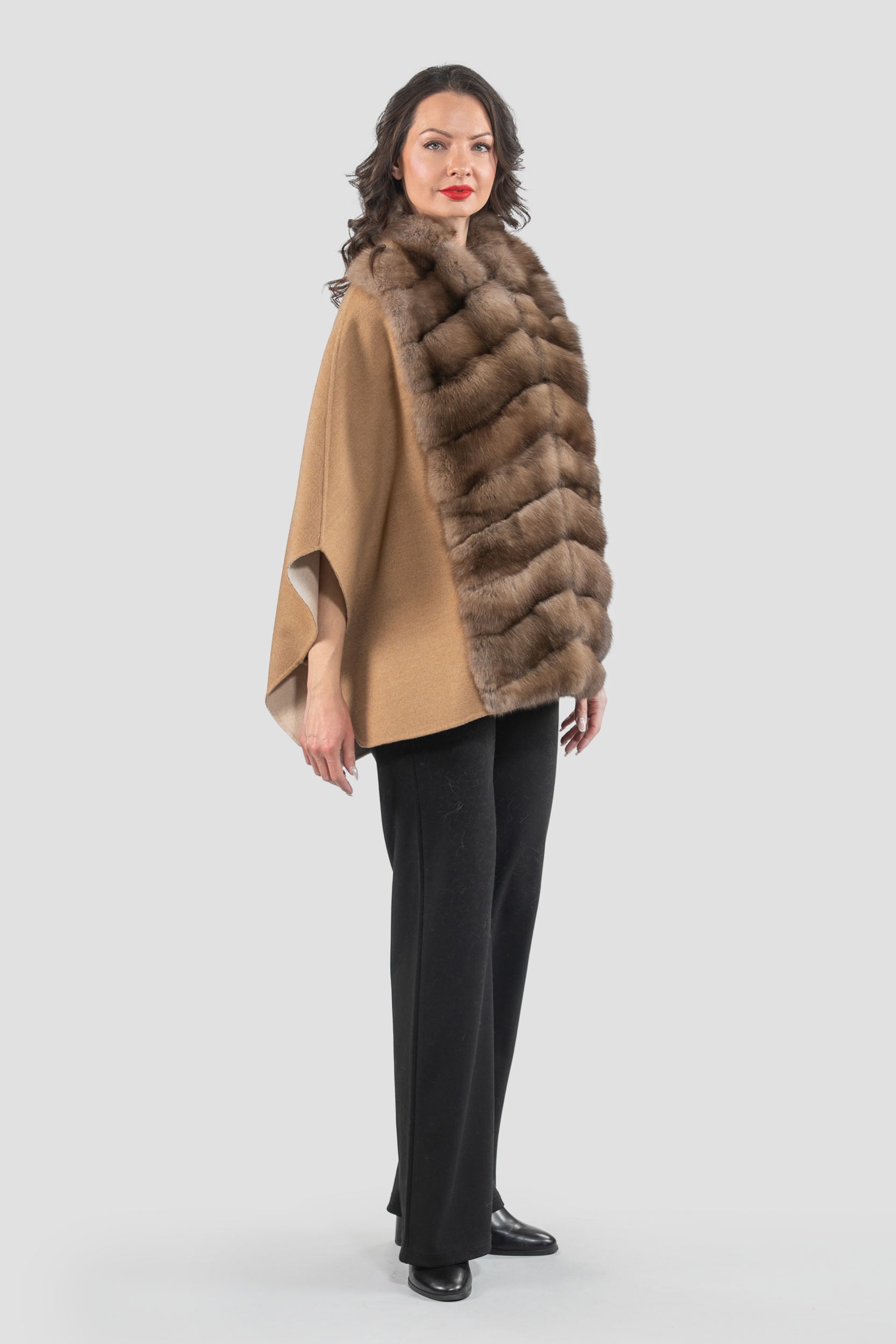 Beige Cashmere Cape with Russian Sable Trim 18M95088