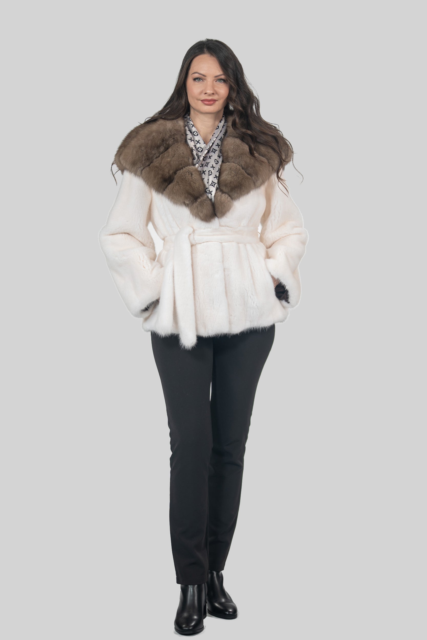 Pearl Mink Half Coat With Russian Sable Hood L/O13C978