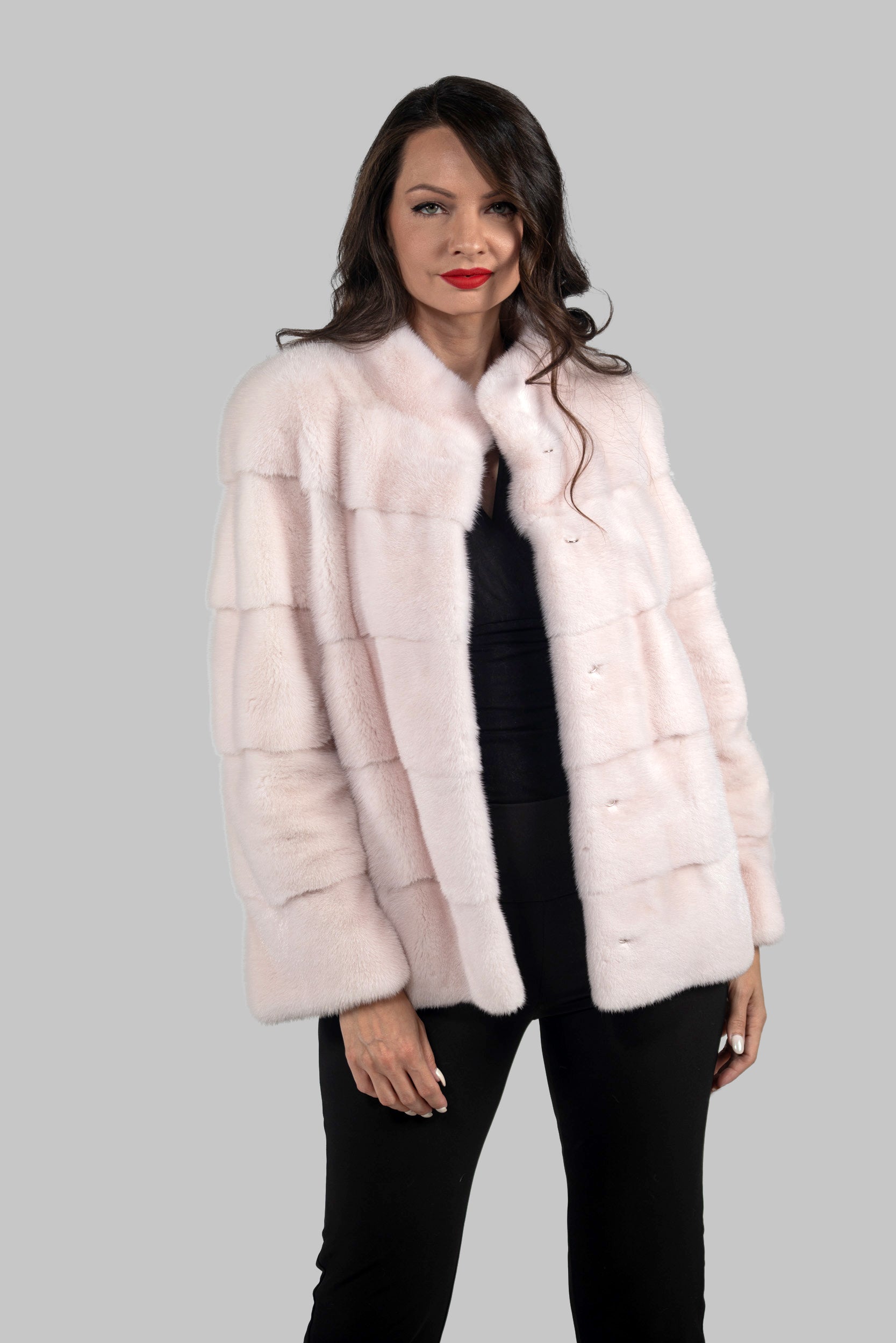 Powder Pink Mink Jacket with Stand Collar P/K13C528