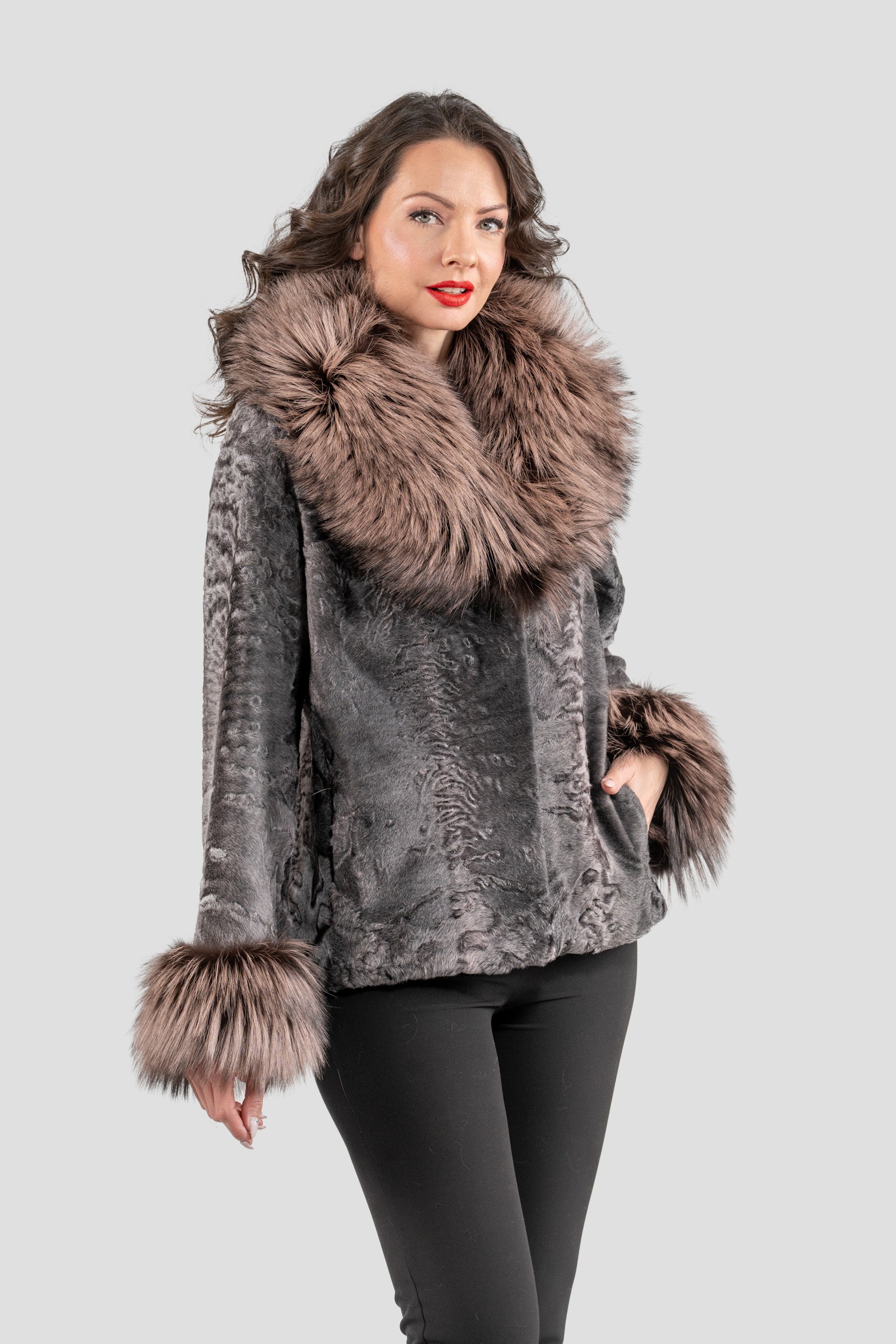 Grey Moon Swakara Jacket with Fox Fur Trim Notch Collar and Cuffs S/S13C528s20