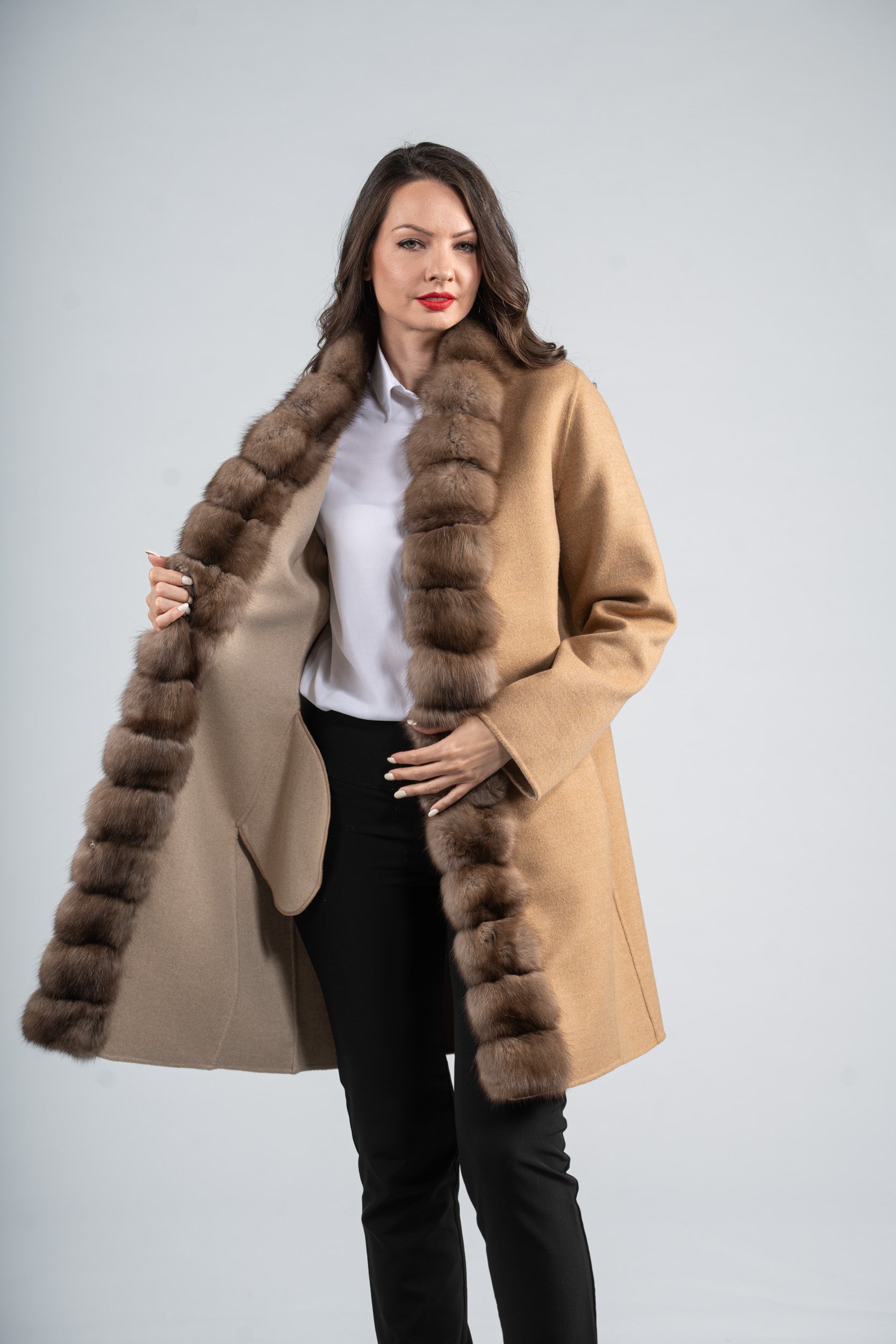 Beige Ecru Cashmere Coat with Russian Sable Trim 21C6080