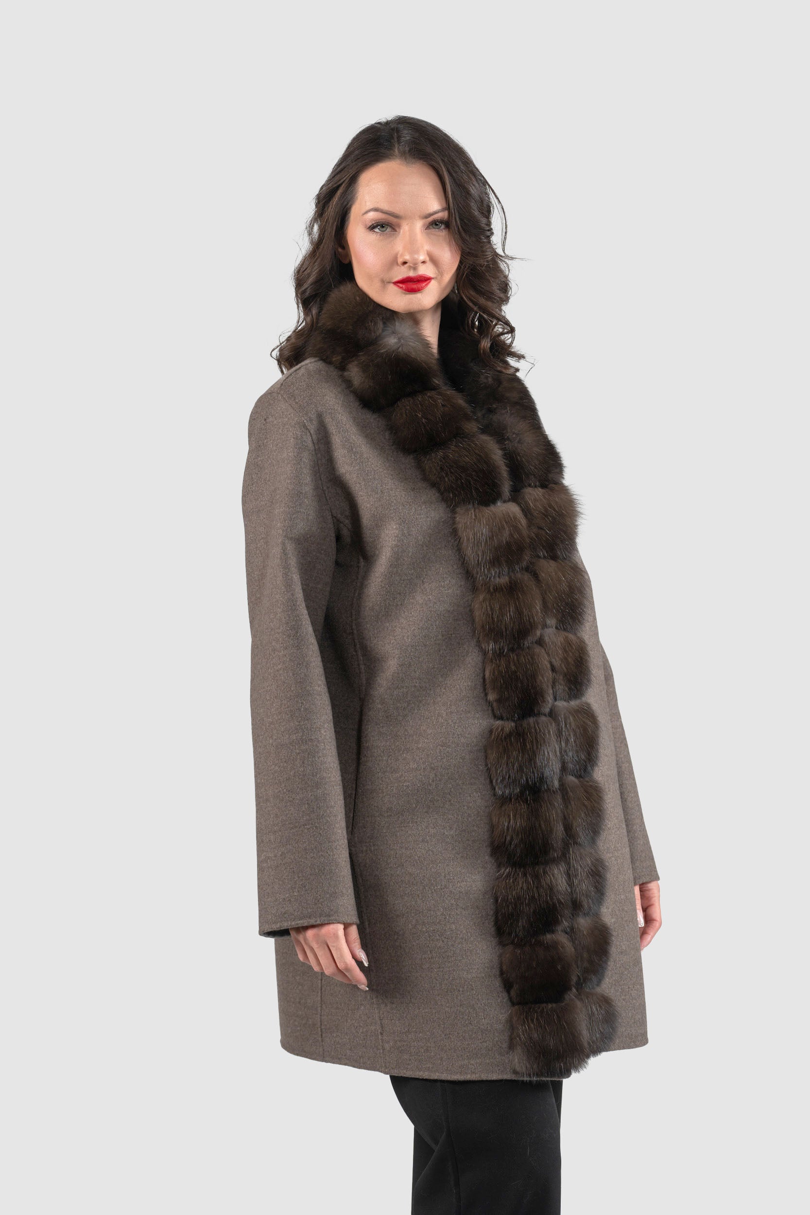 Grey Brown Cashmere Half Coat with Russian Sable Trim 21C6080