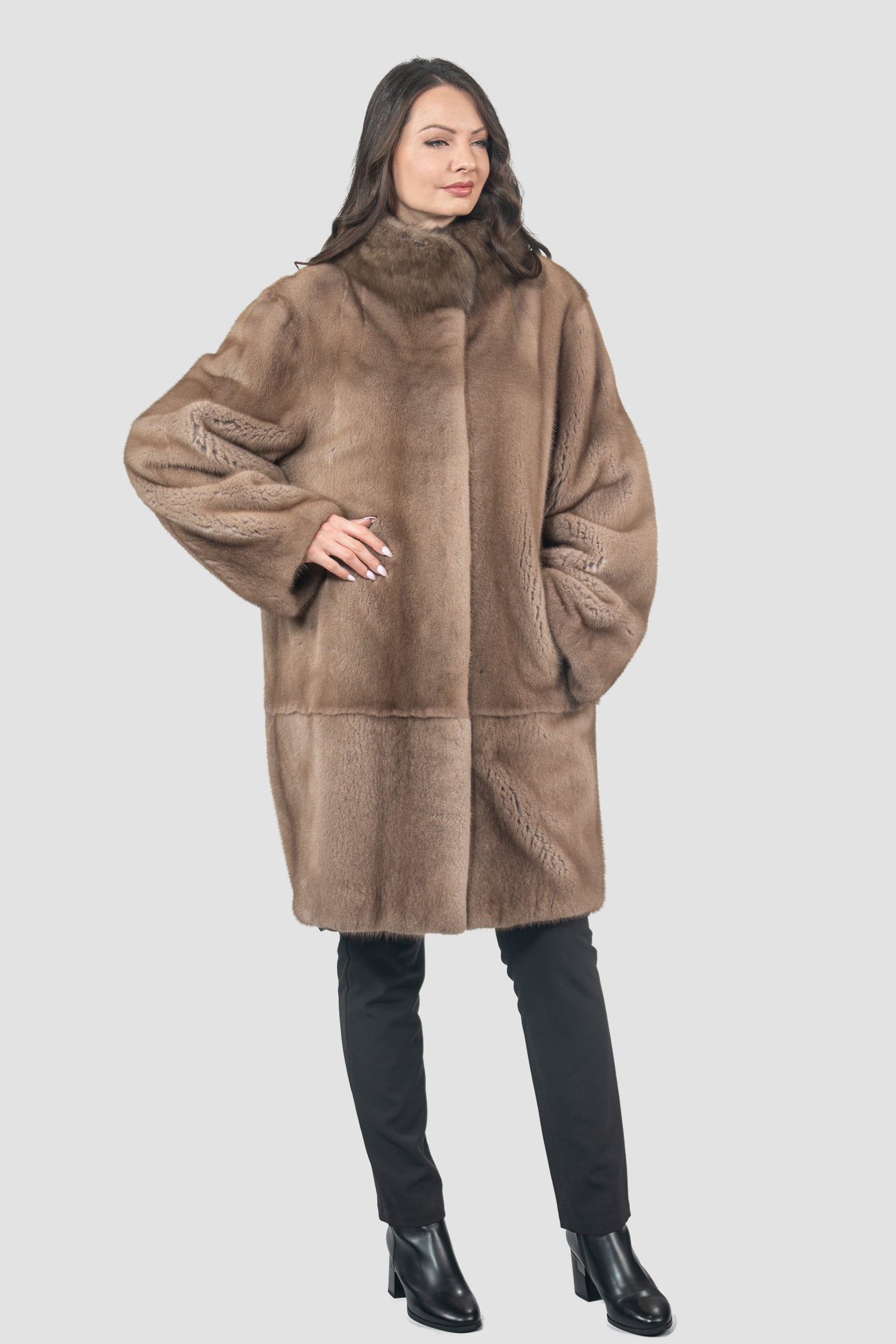 Pastel Mink Half Coat with Russian Sable-Trimmed Stand Collar CLER