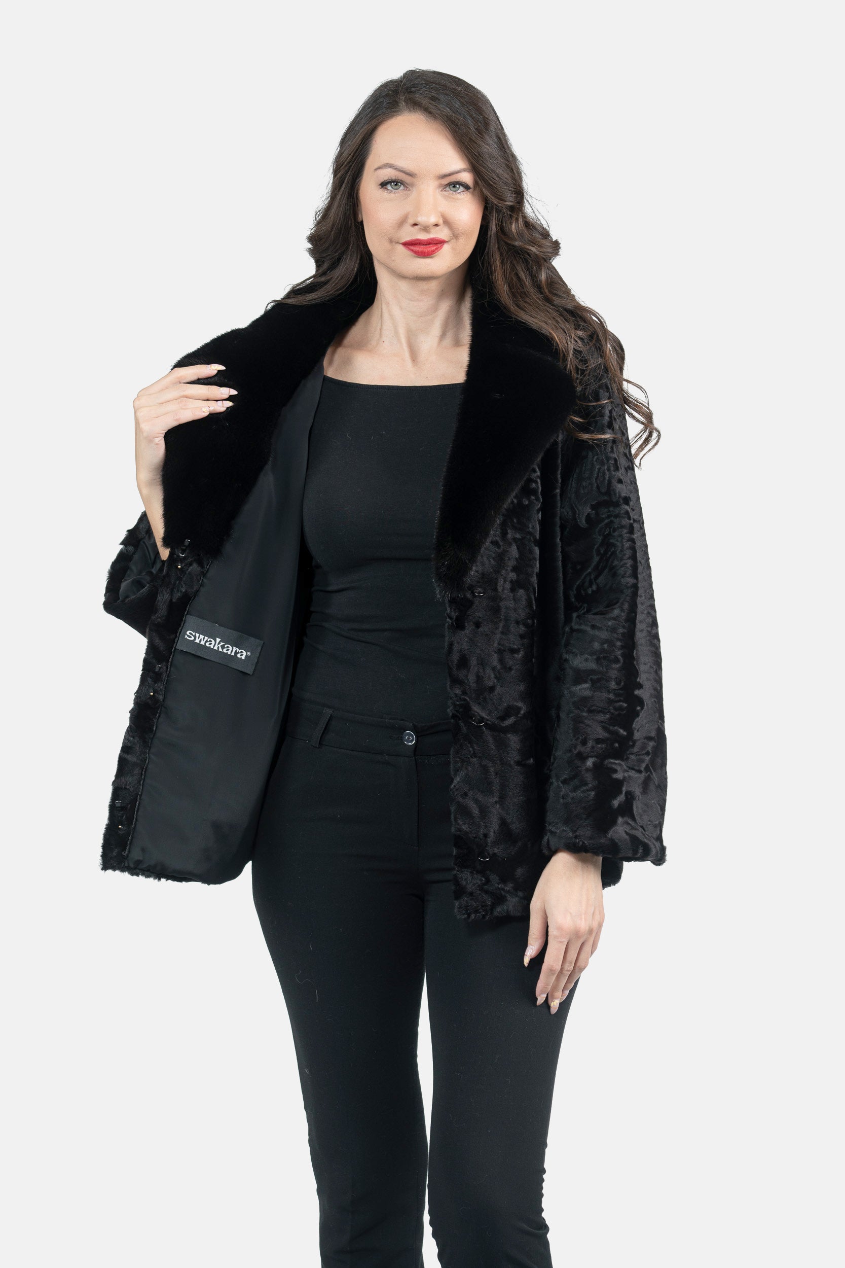 Black Swakara Jacket with Mink Notch Collar S/S13C528s20