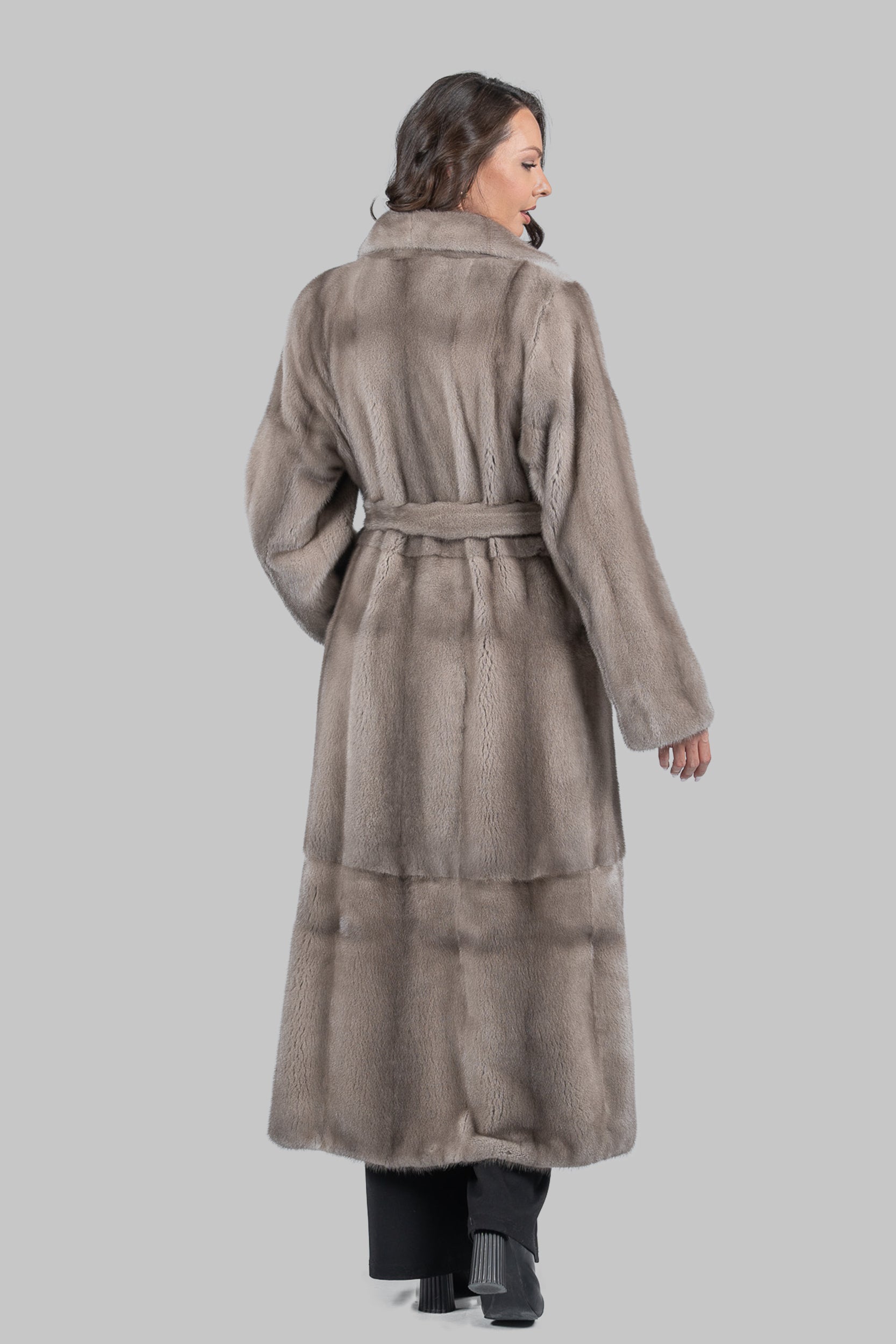 Silver Blue Skin to Skin Belted Mink Long Coat S/S13C976