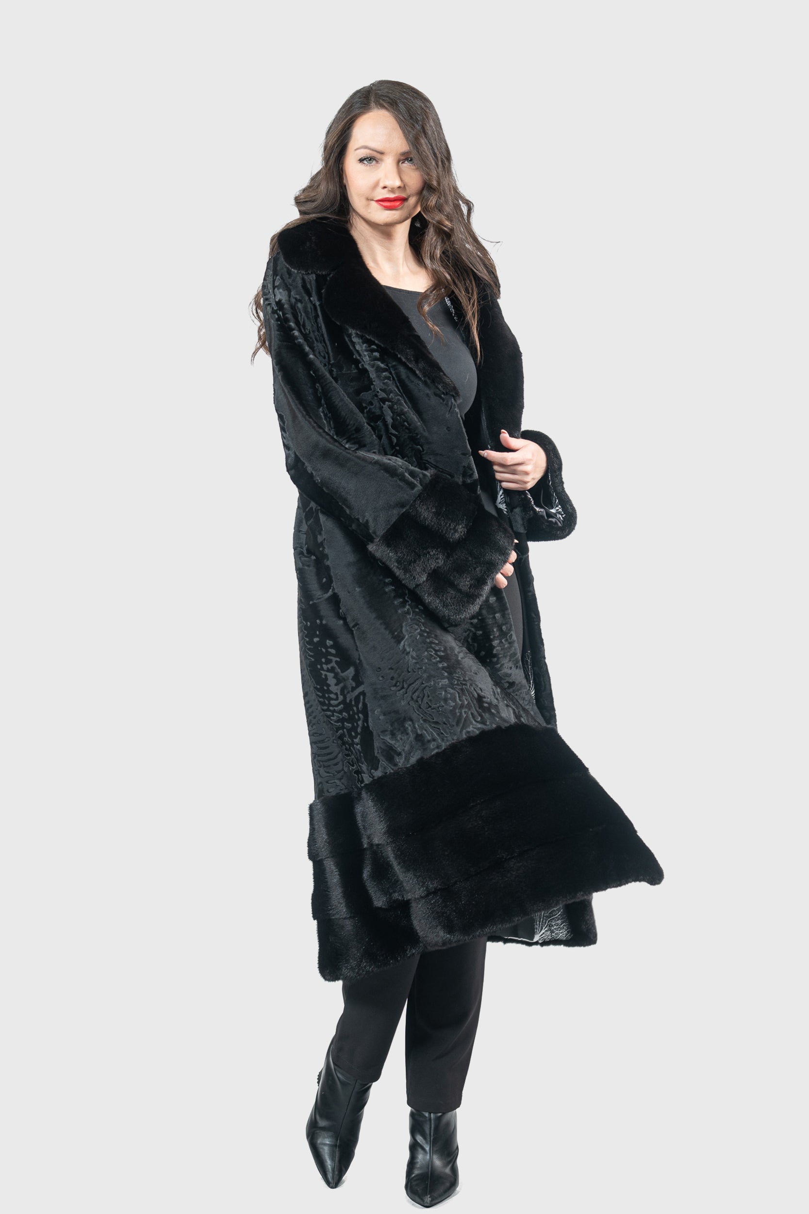 Black Swakara Coat with Mink Trim S/S13C976