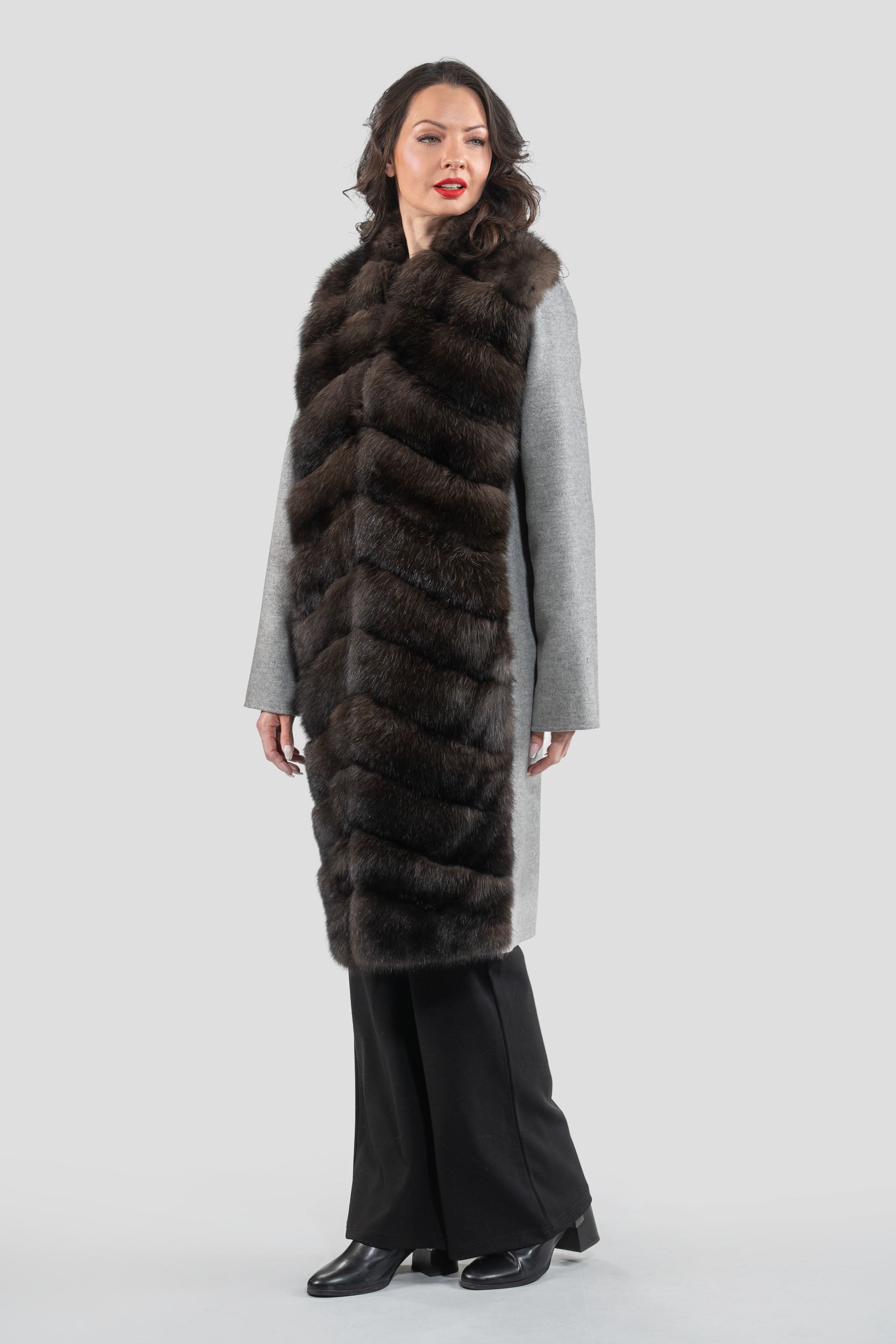 Grey Cashmere Half Coat with Russian Sable Trim 17C8003G530