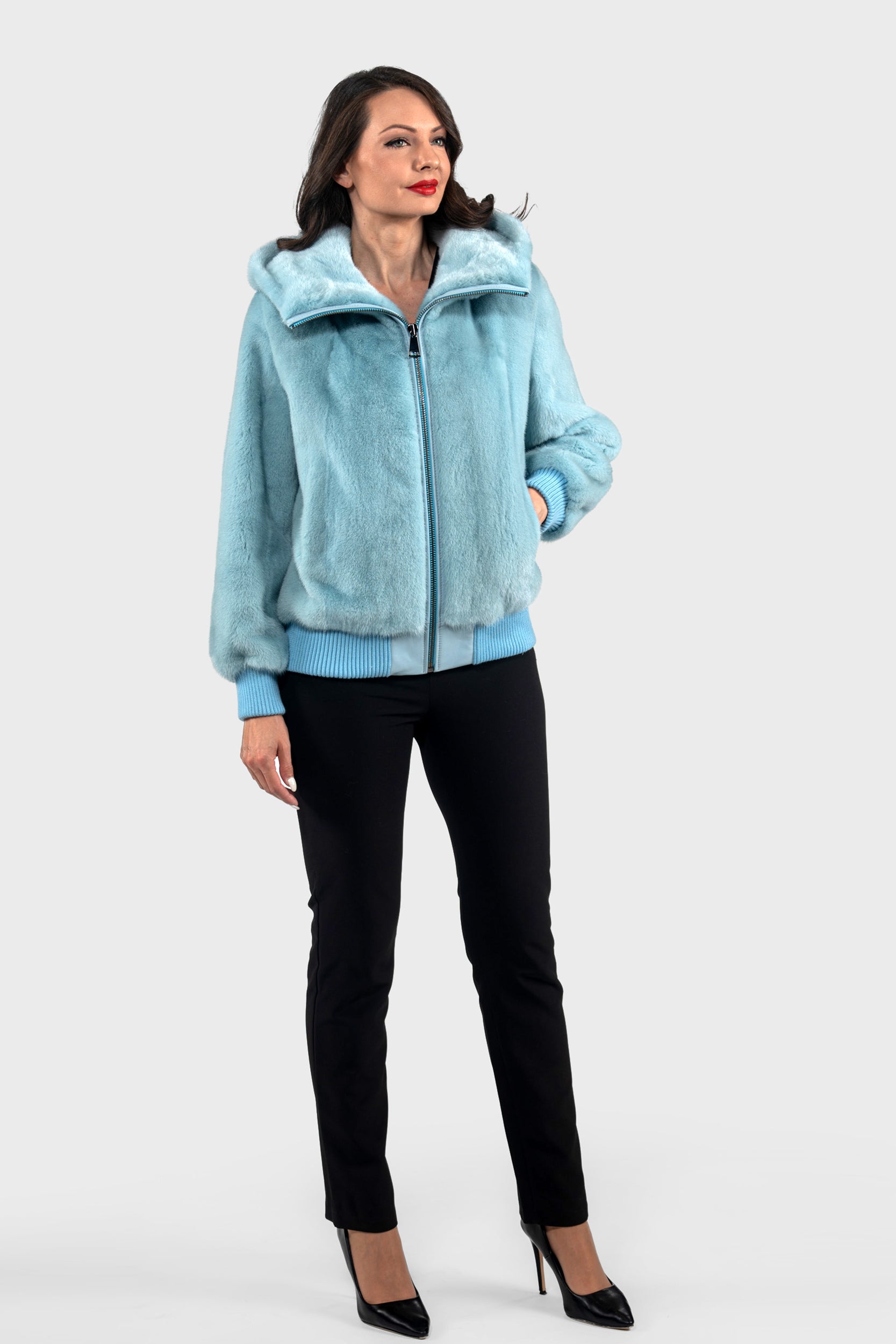 Mint Mink Bomber Jacket with Hood L/O13C224H