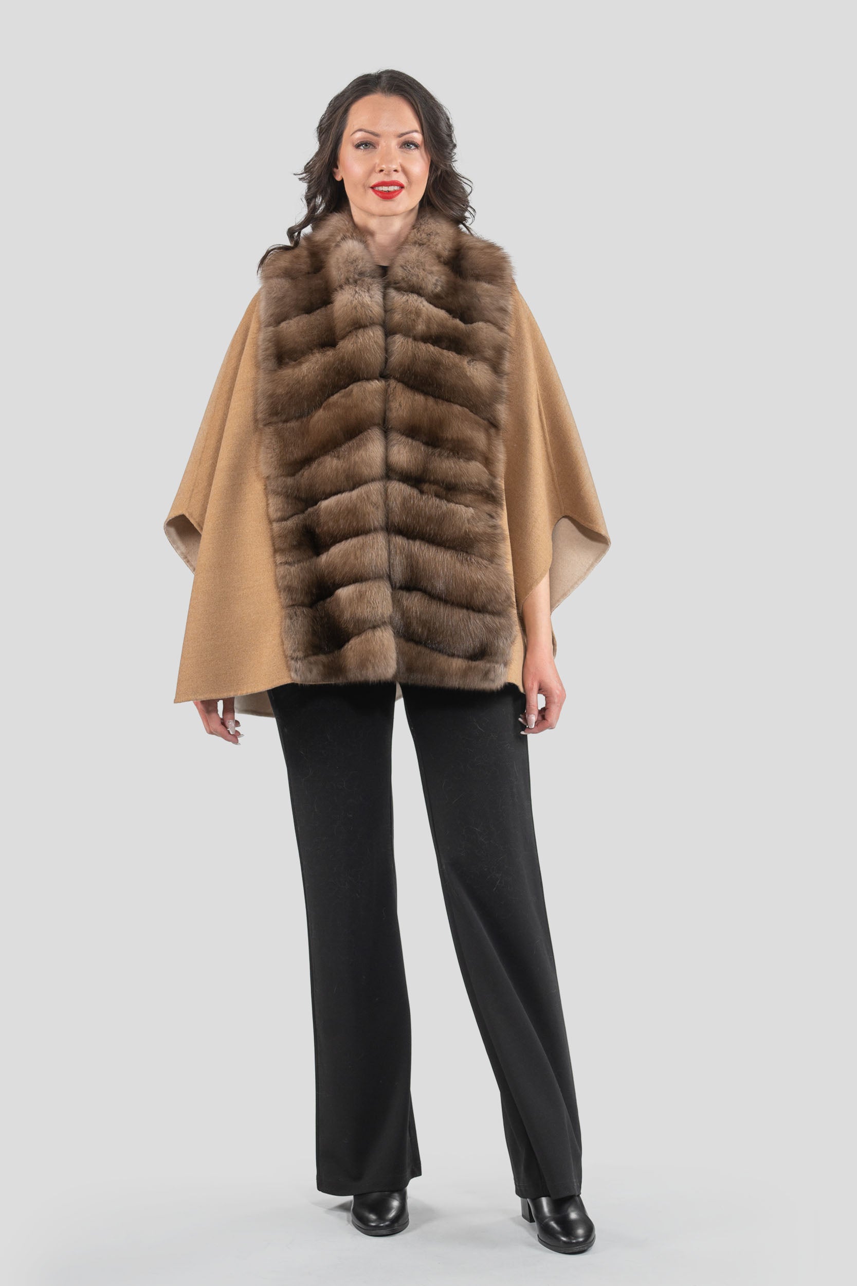 Ecru Beige Cashmere Cape with Russian Sable Trim 18M95088