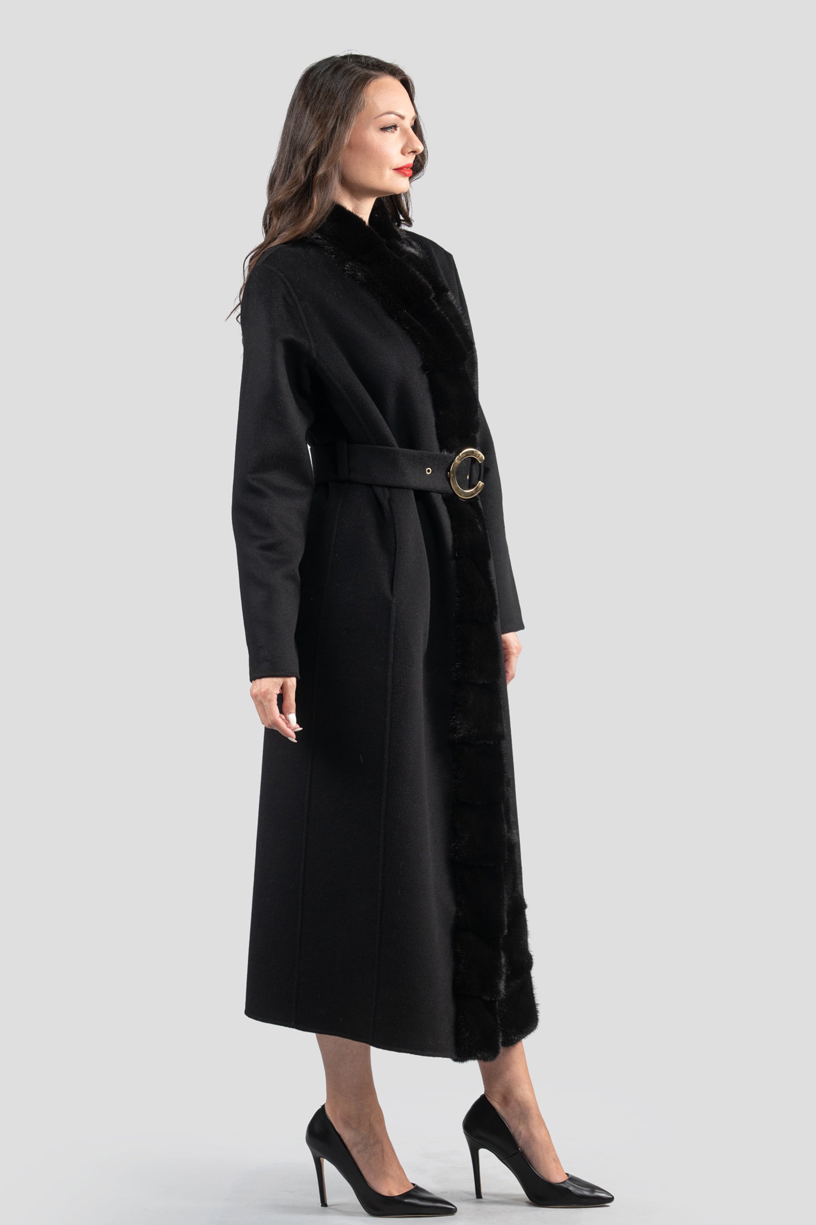 Black Cashmere Coat with Mink Trim 21C6080