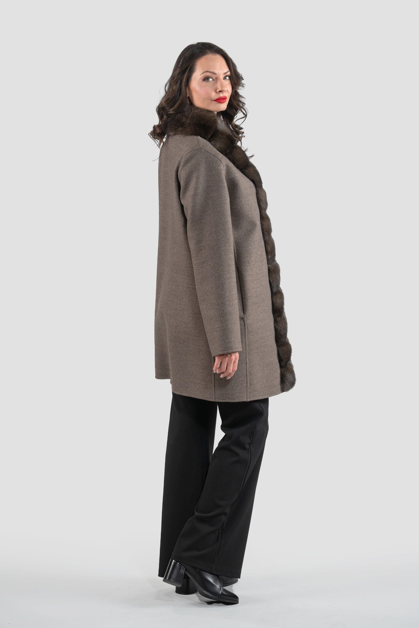 Grey Brown Cashmere Half Coat with Russian Sable Trim 21C6080