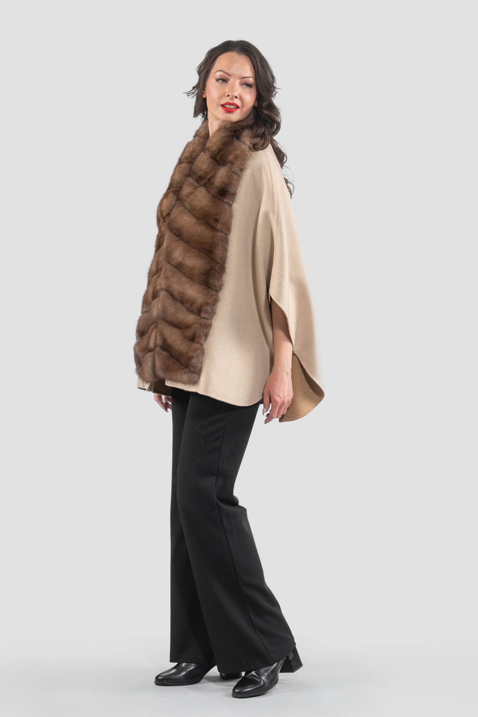 Beige Cashmere Cape with Russian Sable Trim 18M95088