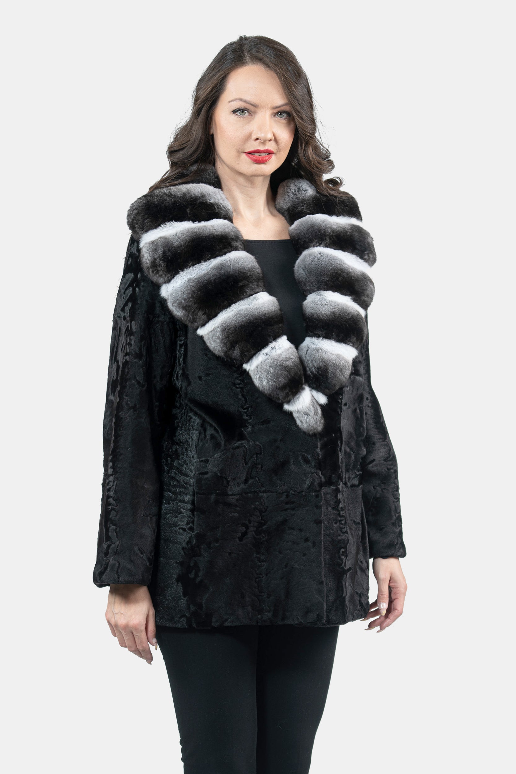 Black Swakara Jacket with Chinchilla Notch Collar S/S21C842