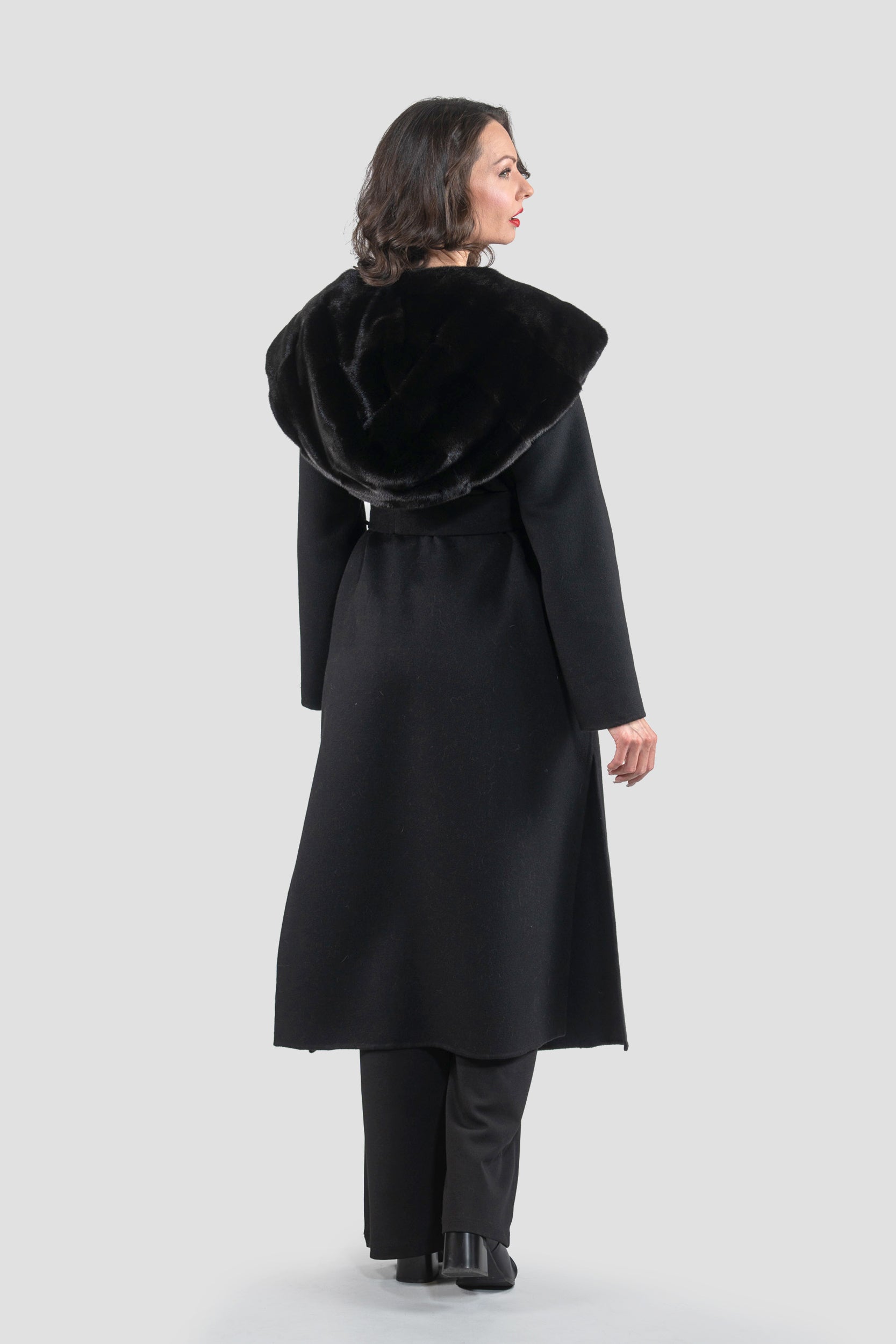 Black Cashmere Hooded Coat with Mink Trim 21C6080H