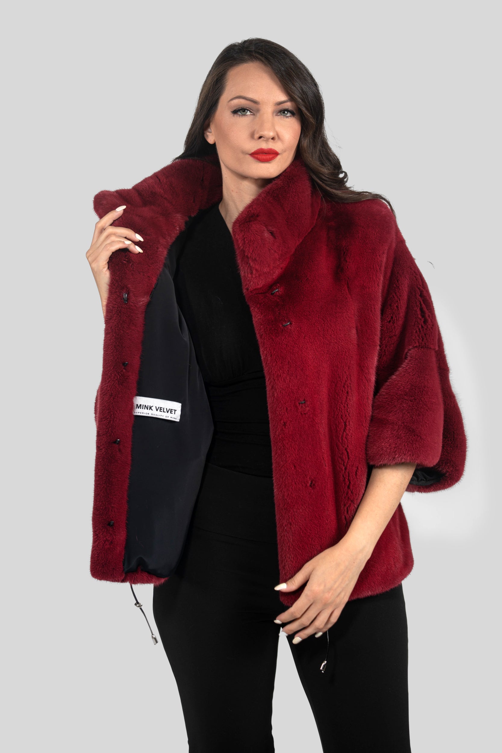 Cerise Mink Jacket with Stand Collar and Short Sleeves L/O13C138