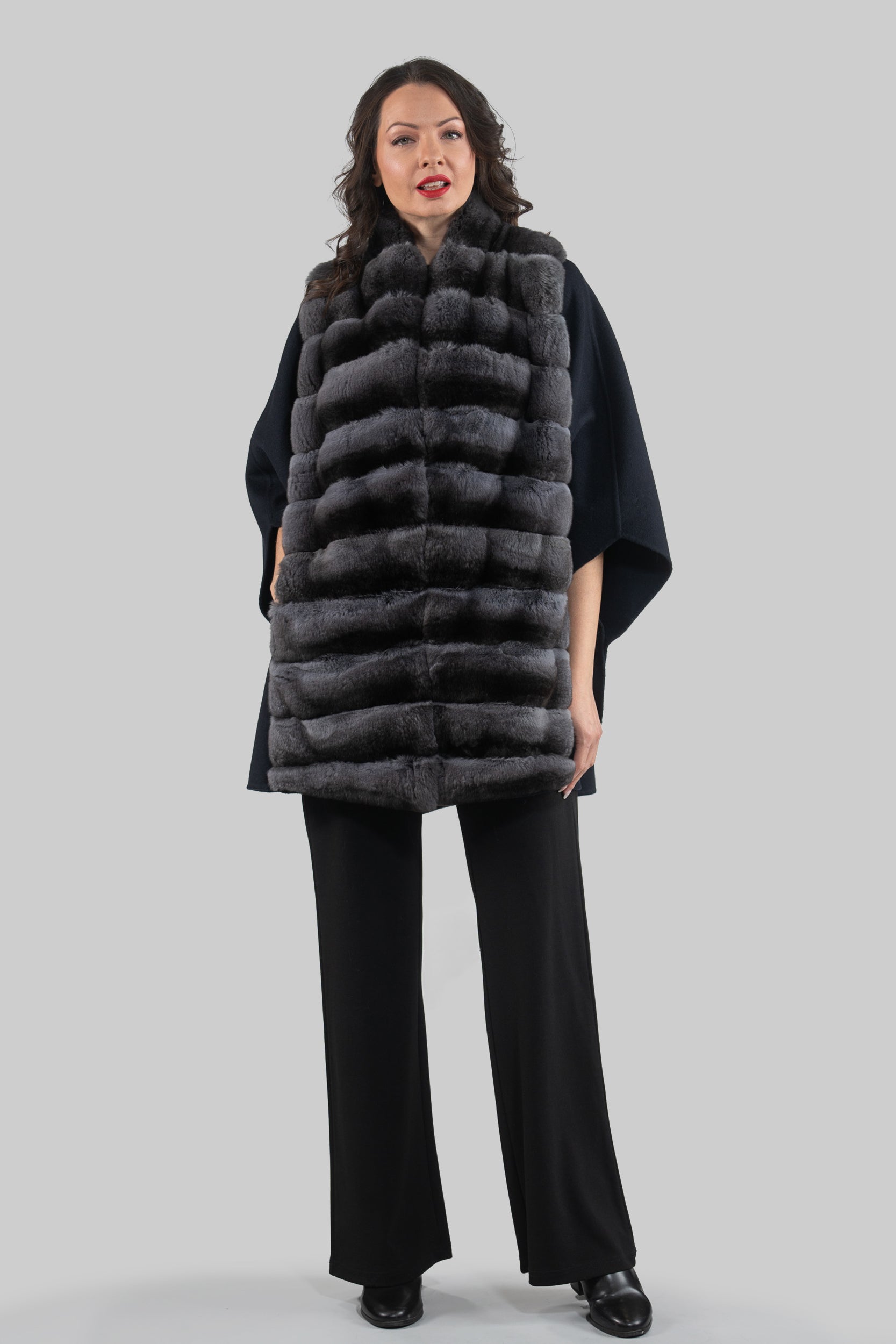 Blue Black Cashmere Cape with Oracle Chinchilla Trim 18M950