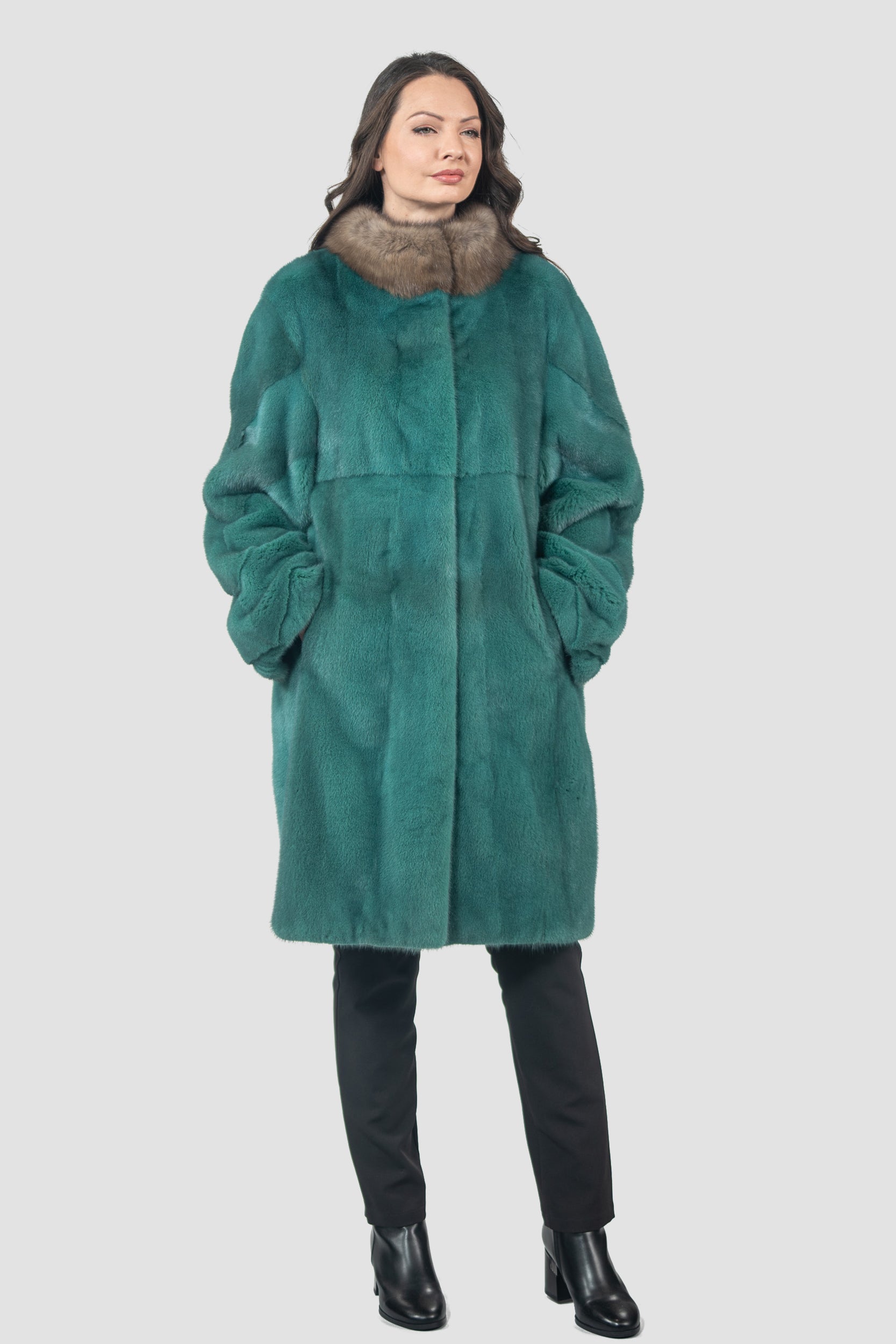 Green Mink Half Coat with Russian Sable-Trimmed Stand Collar CLER