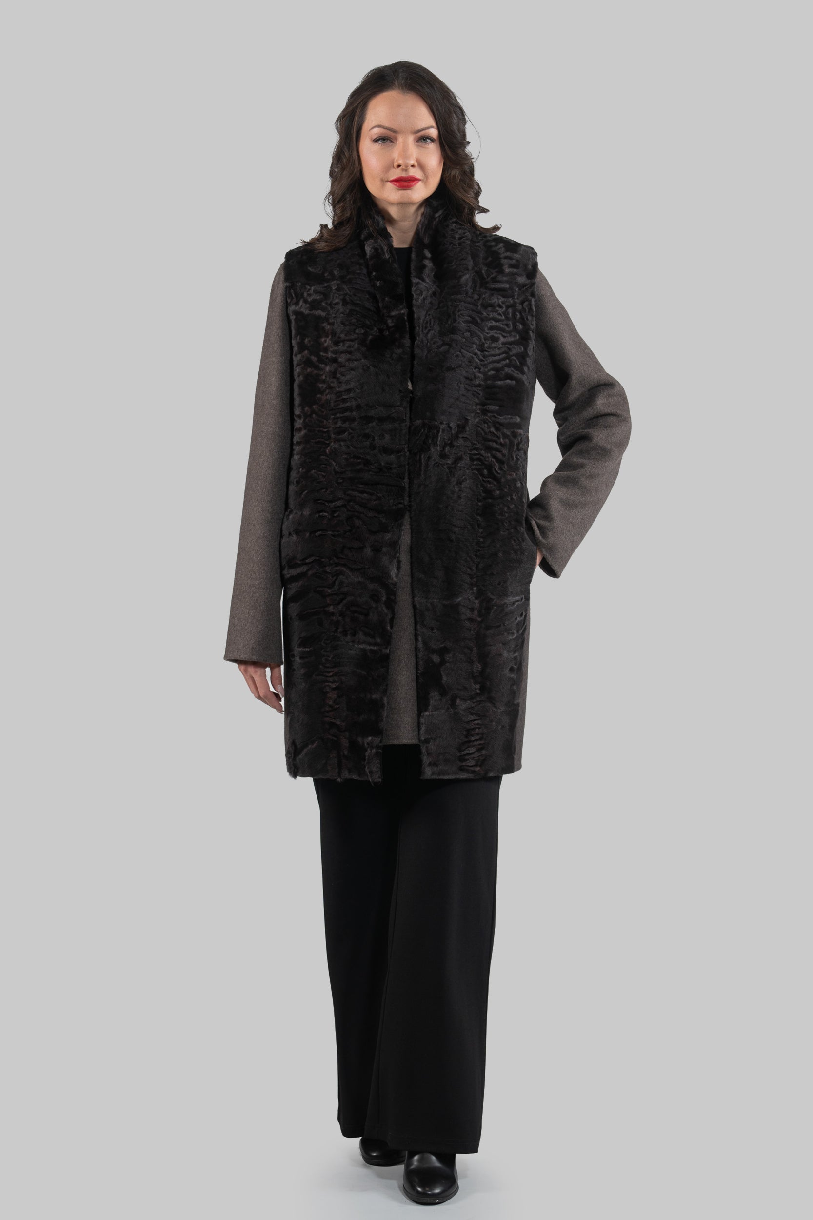 Grey Cashmere Half Coat & Vest with Swakara Fur Trim 17C8003