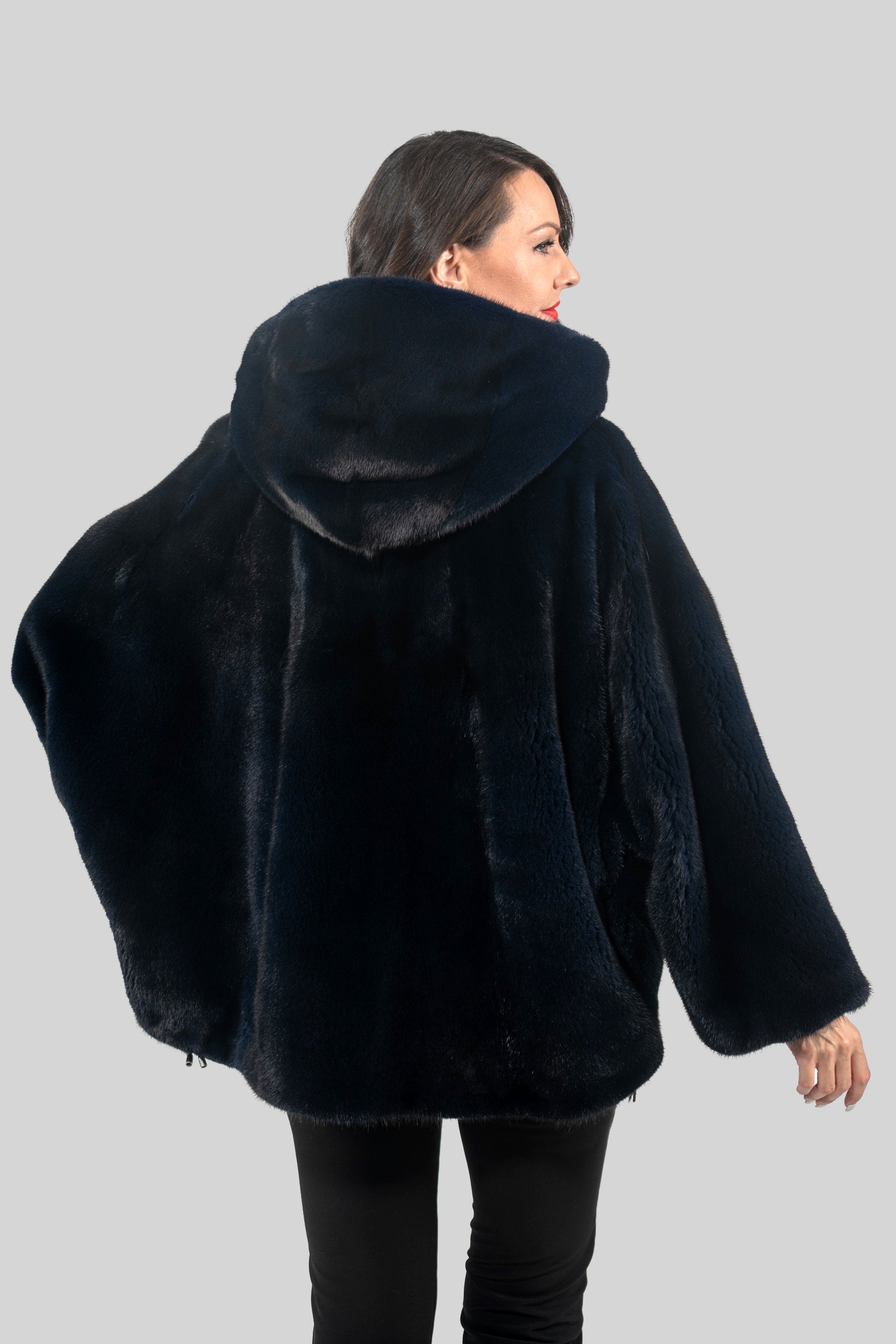 Blue Black Mink Jacket with Hood L/OR5