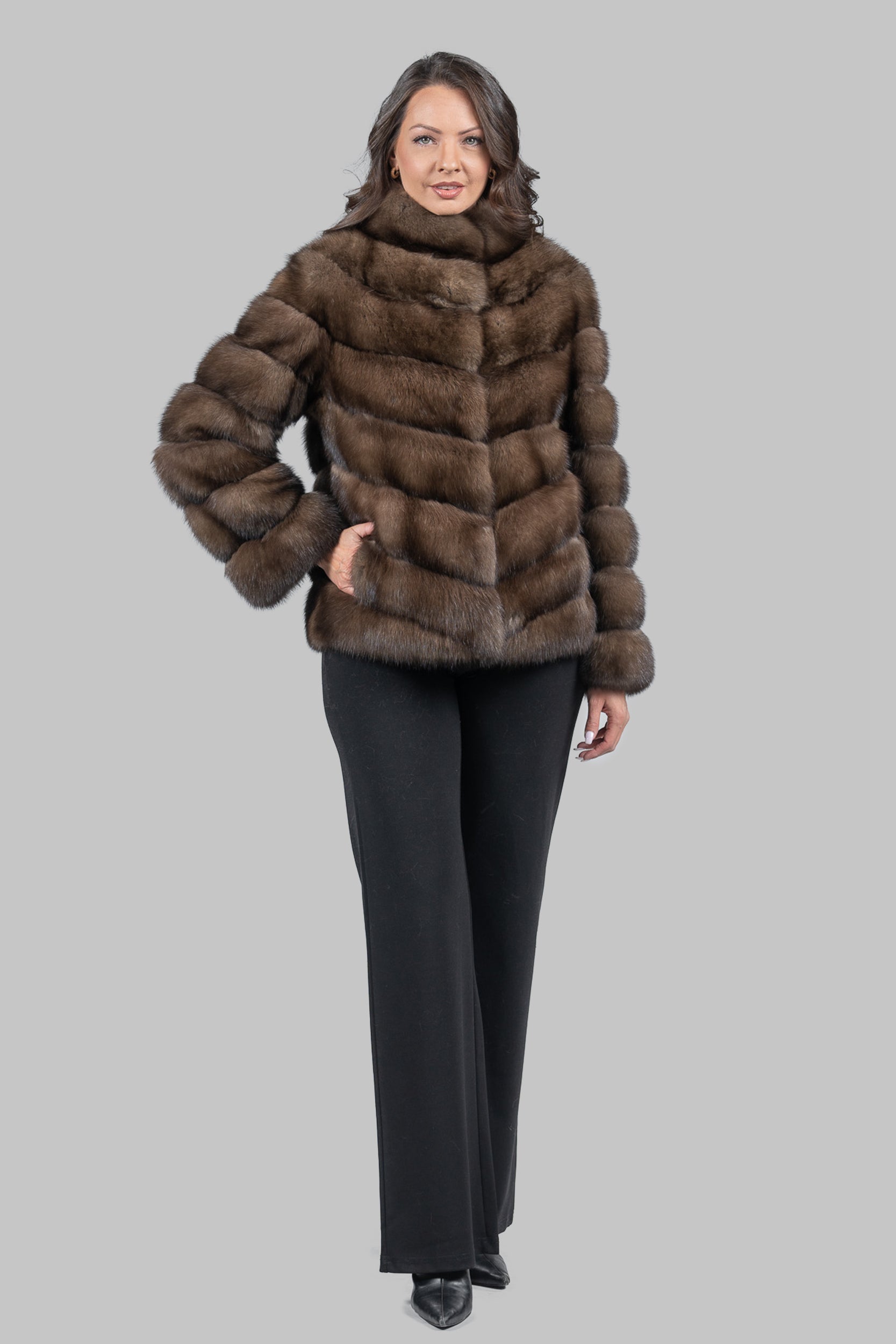 Graphite Russian Sable Chevron Jacket with Stand Collar V/K13C528