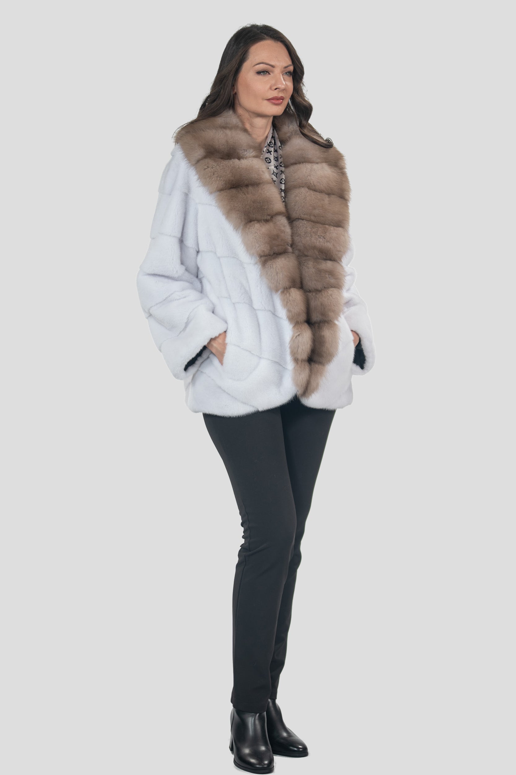 White Mink Half Coat with Baumarten Trim V/K19C123