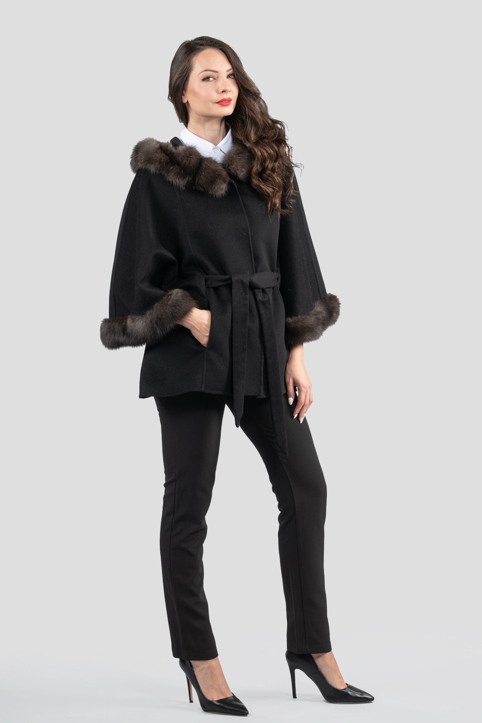 Black Cashmere Hooded Cape with Russian Sable Trim 2005H