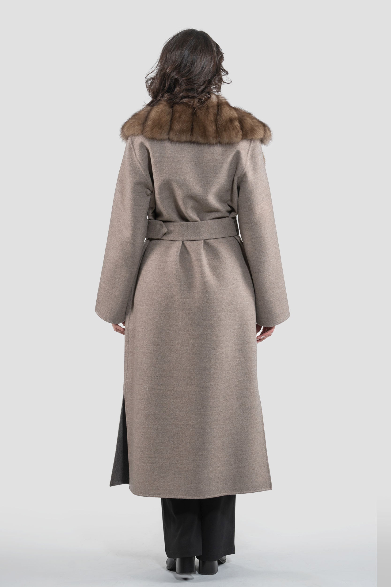 Grey Brown Cashmere Coat with Russian Sable Notch Collar 20C8060S20