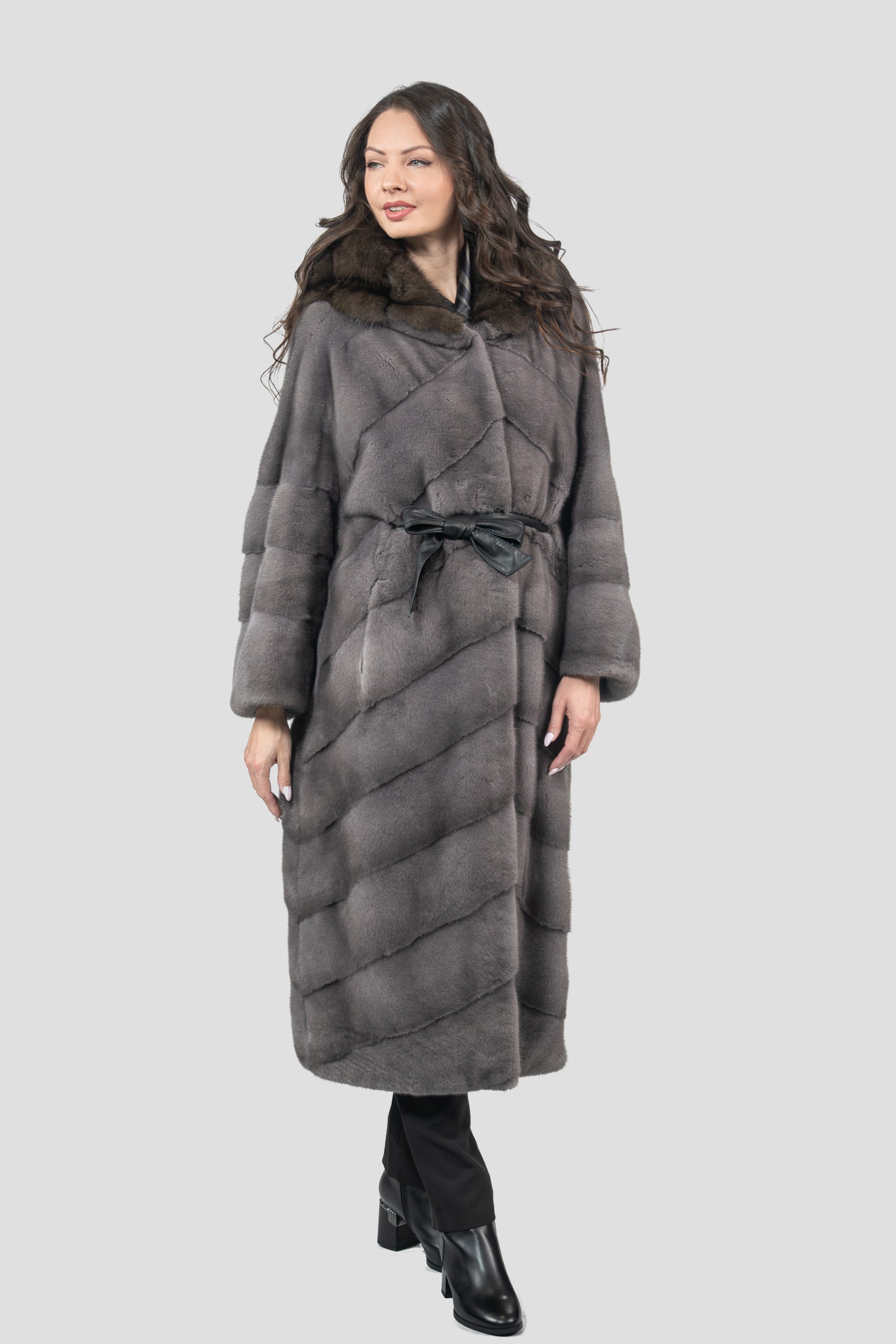 Grey Moon Mink Coat with Russian Sable Hood A/K13C850