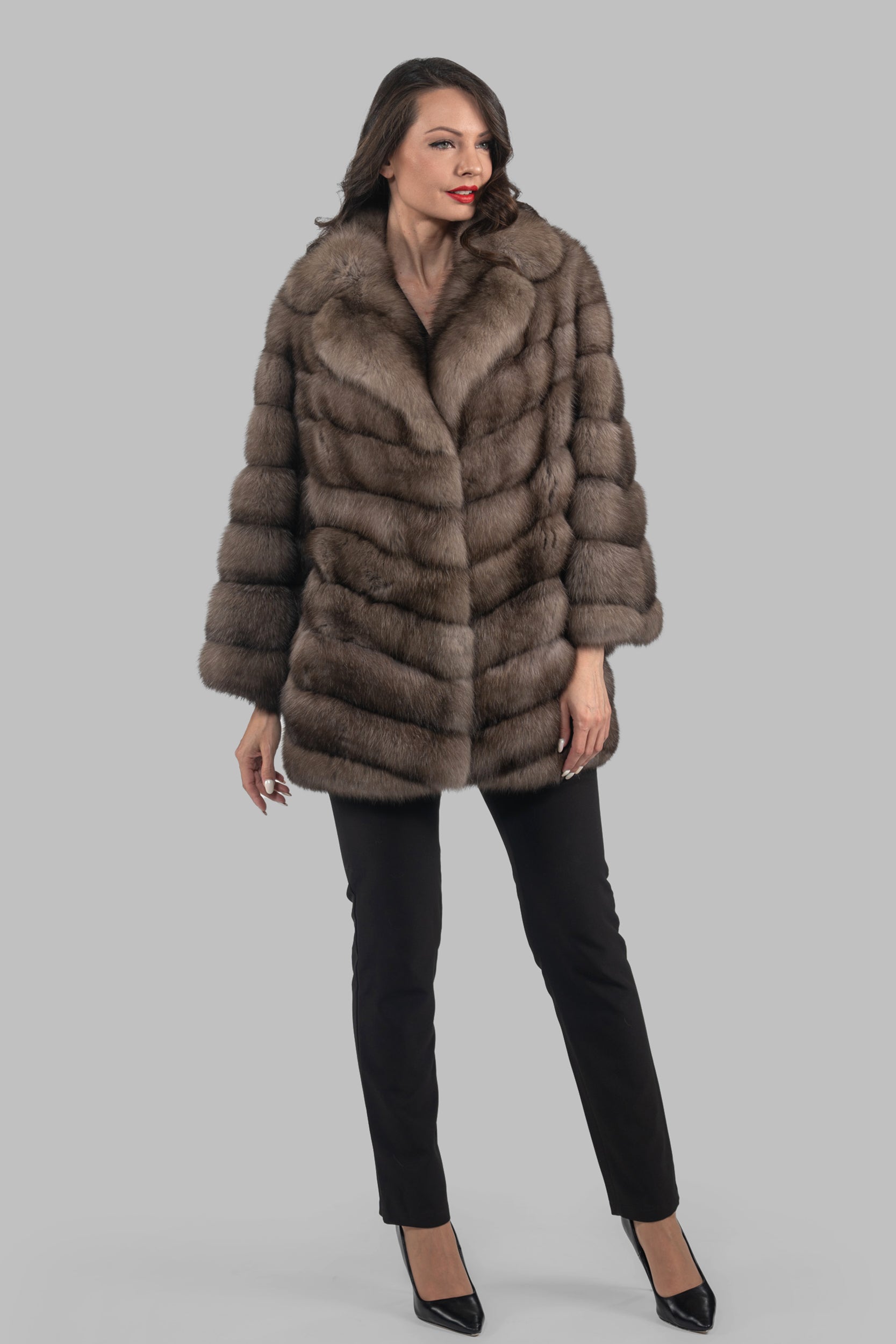 Graphite Russian Sable Half Coat with Notch Collar V/K14M475S20