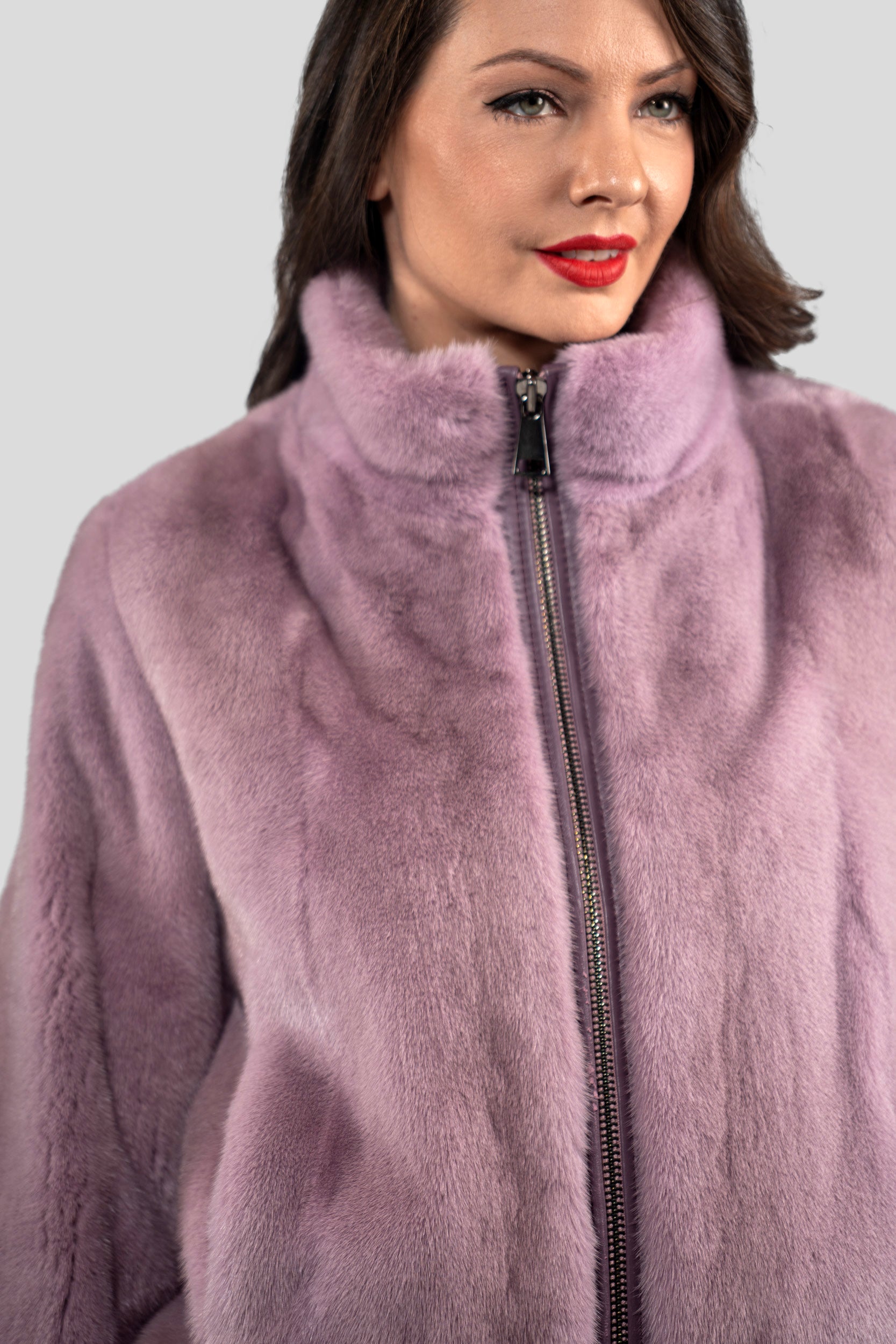Dark Violet Mink Bomber Jacket with Stand Collar L/O13C224