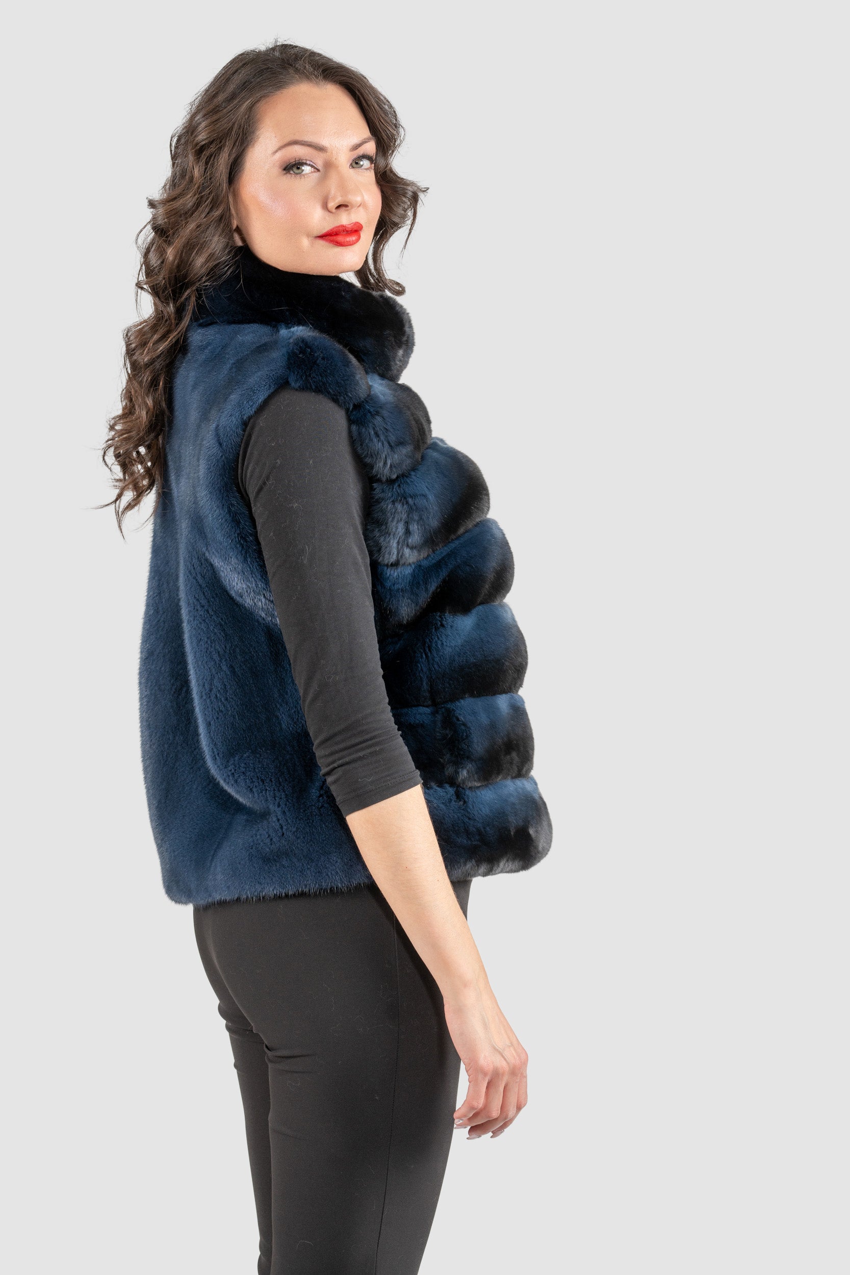 Chinchilla Fur Vest with Stand Collar and Mink Trim in Blue Black P/K2201