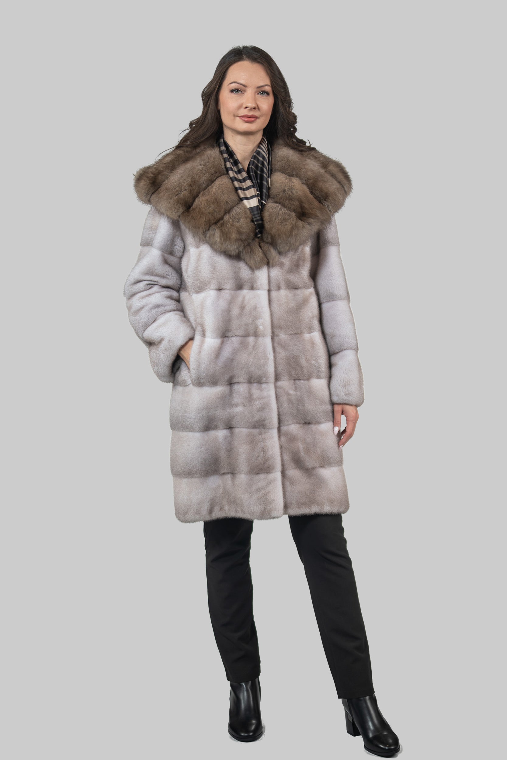 Silver Blue Mink Half Coat With Russian Sable Hood P/K13C540