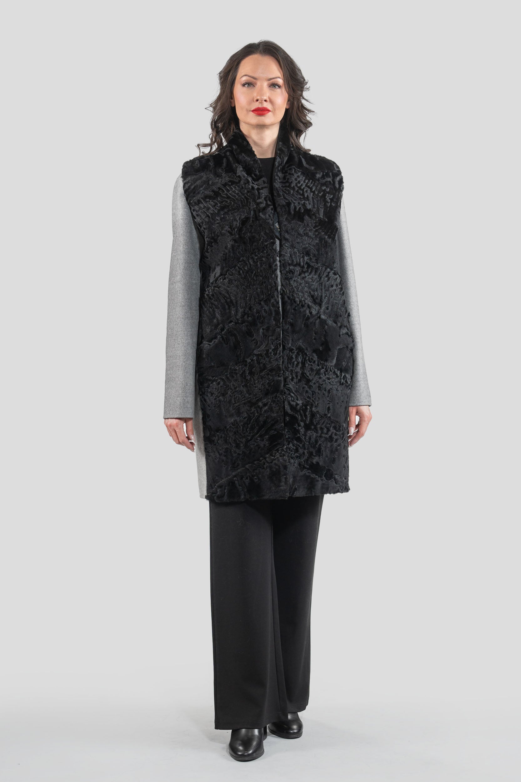 Grey Cashmere Half Coat & Vest with Swakara Fur Trim 17C8003