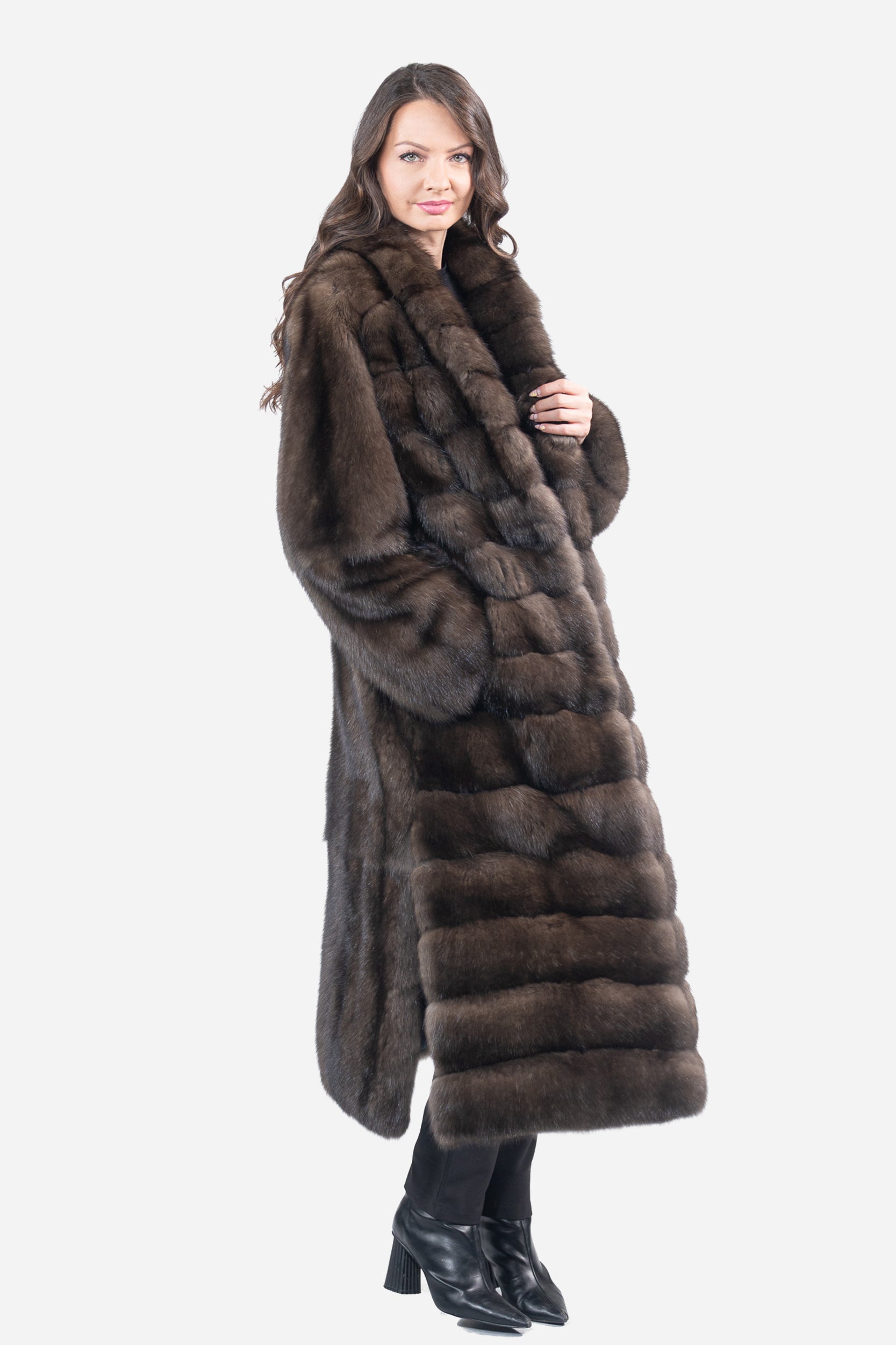 Dark Russian Sable Coat with Shawl Collar and Let Out Back P/K13C530G8003