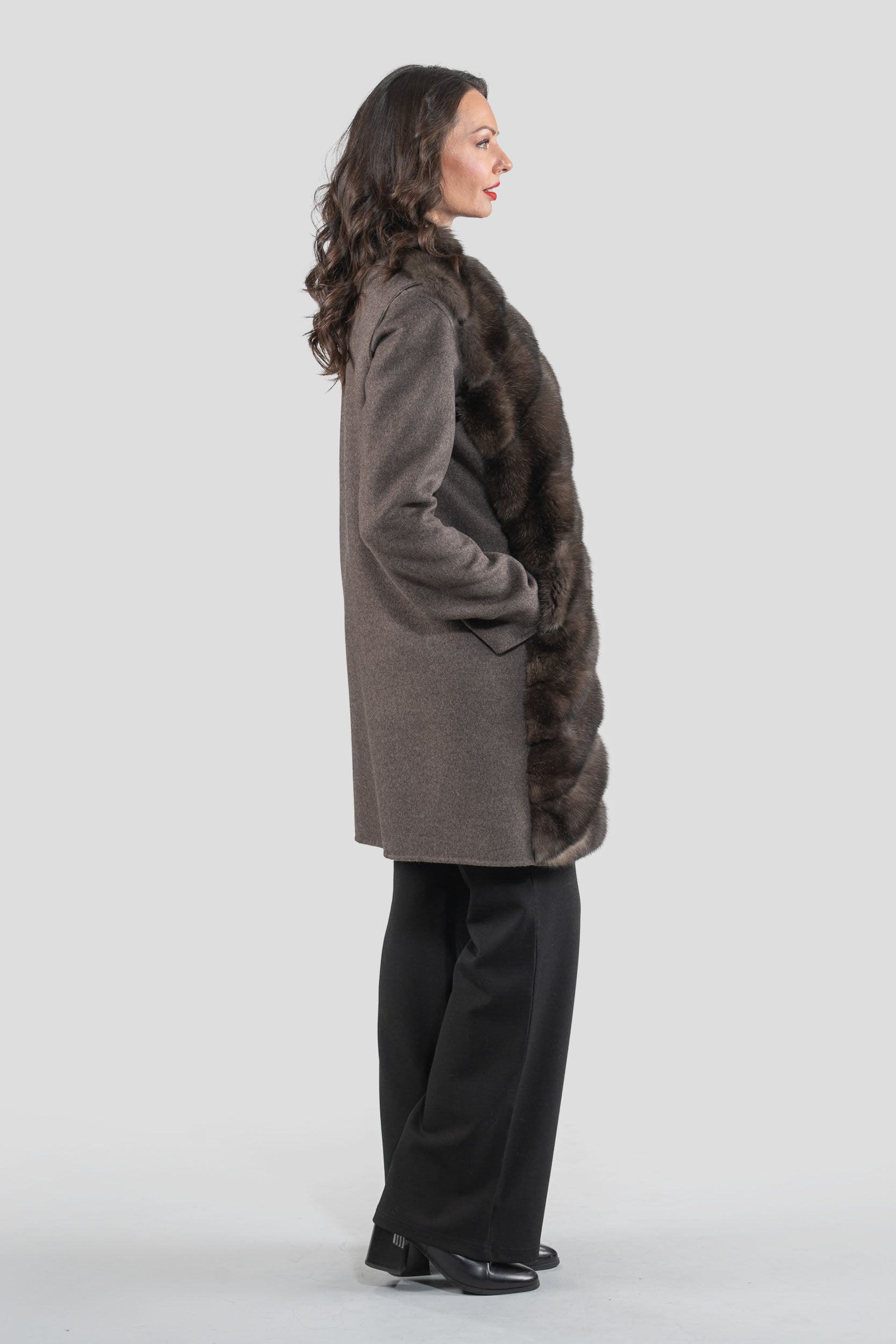 Brown Grey Cashmere Half Coat & Vest with Russian Sable Trim 17C8003s