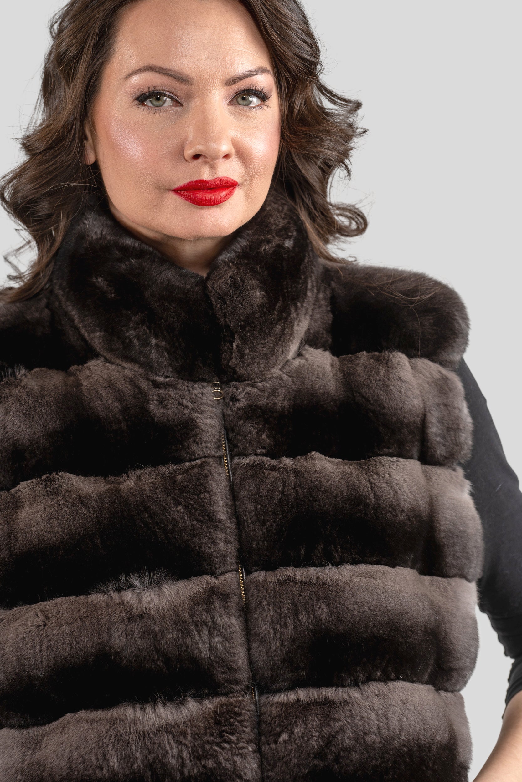 Smokey Chinchilla Fur Vest with Stand Collar and Mink Trim P/K2201