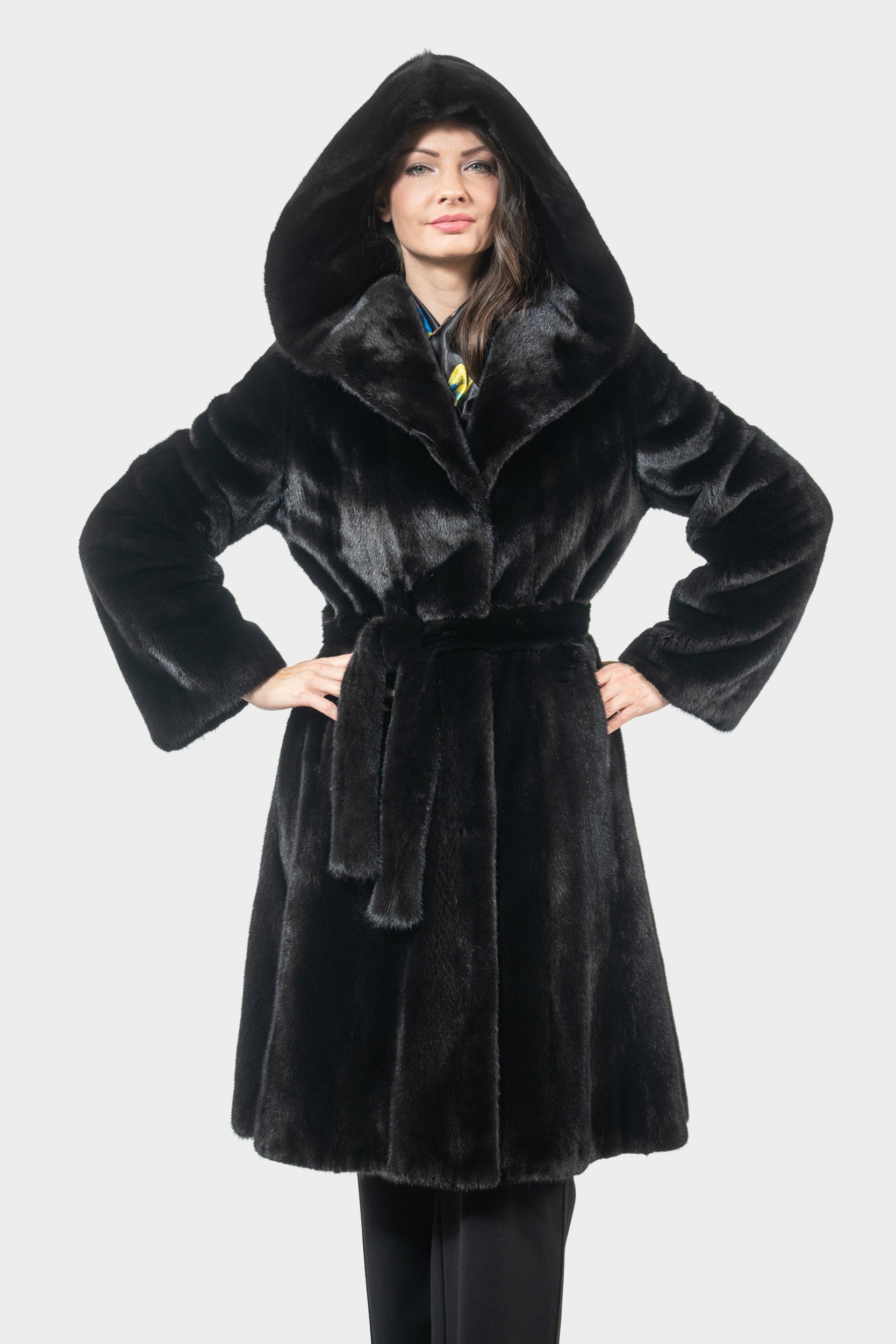 Blackgalama Mink Hooded Half Coat with Belt L/OGADEH
