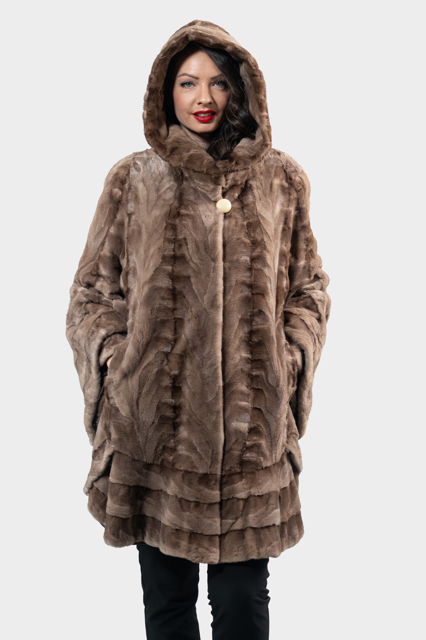 Pastel Mink Pieced Hooded Half Coat 2550H