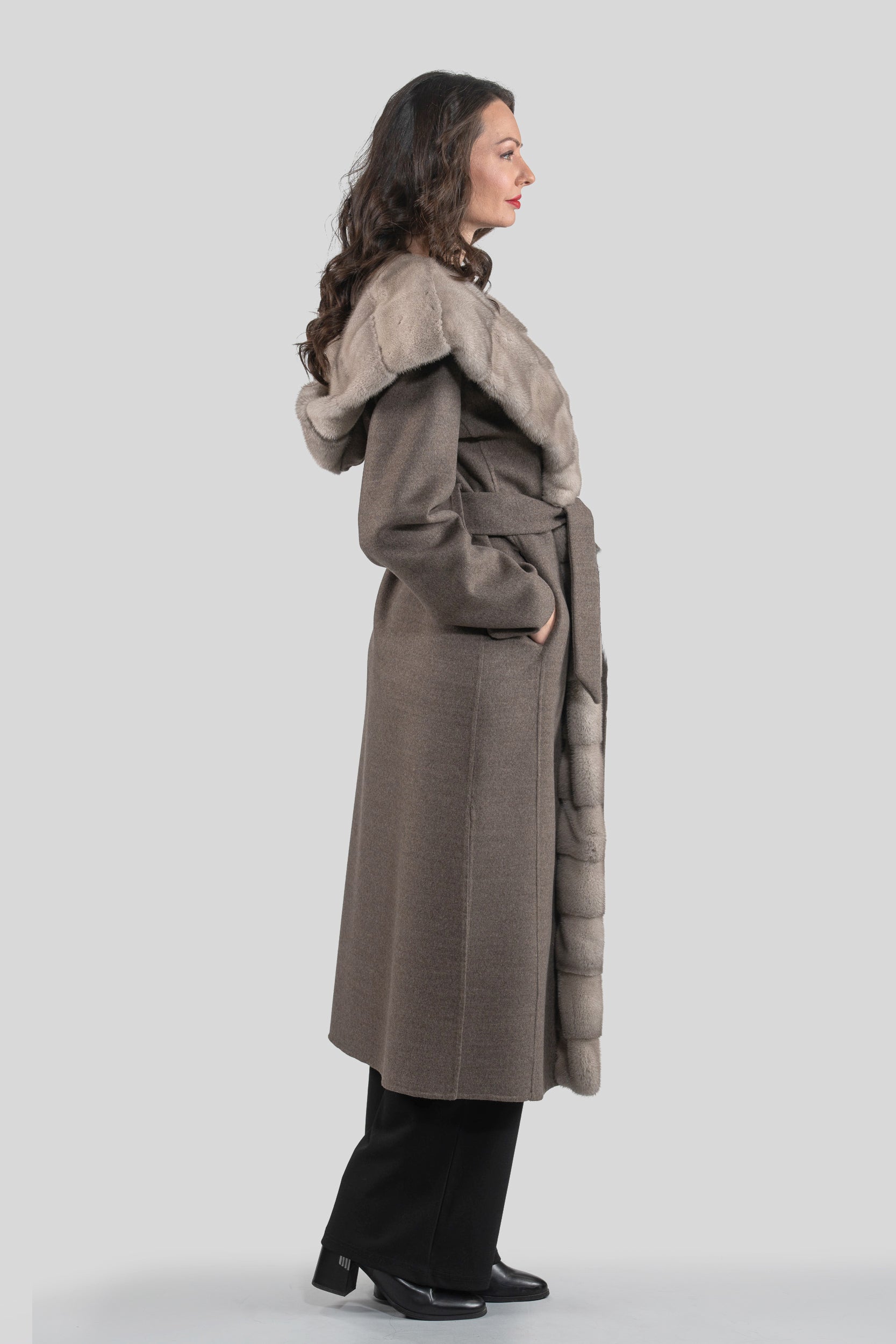 Grey Brown Cashmere Hooded Coat with Mink Trim 21C6080H540