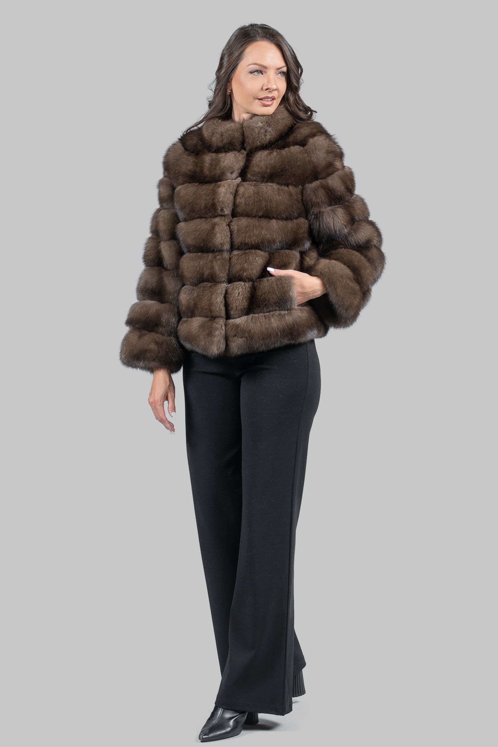 Graphite Russian Sable Cropped Jacket with Stand Collar P/K13C528