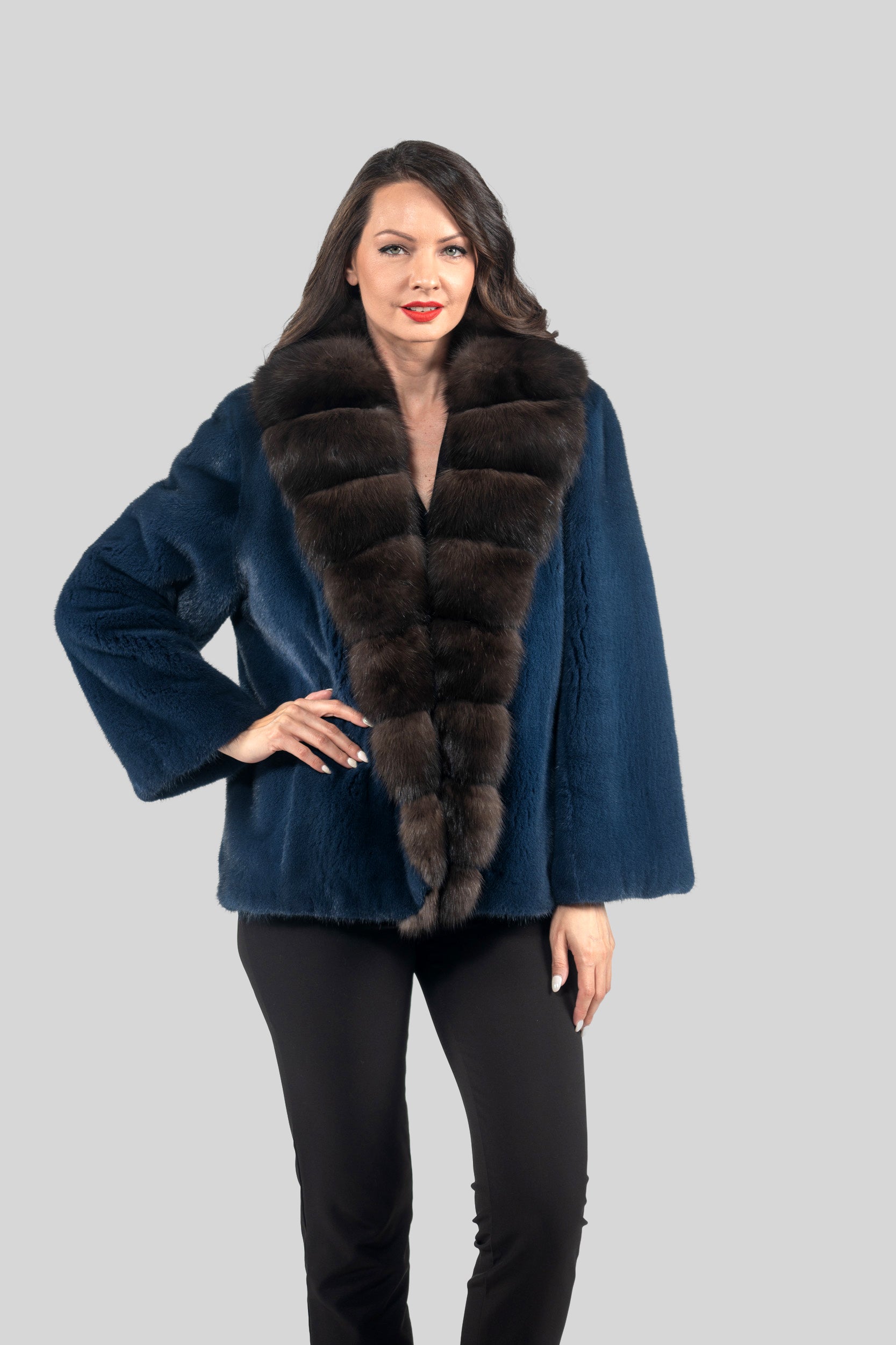 Blue Jean Mink Jacket with Extended Russian Sable Shawl Collar L/O19C123