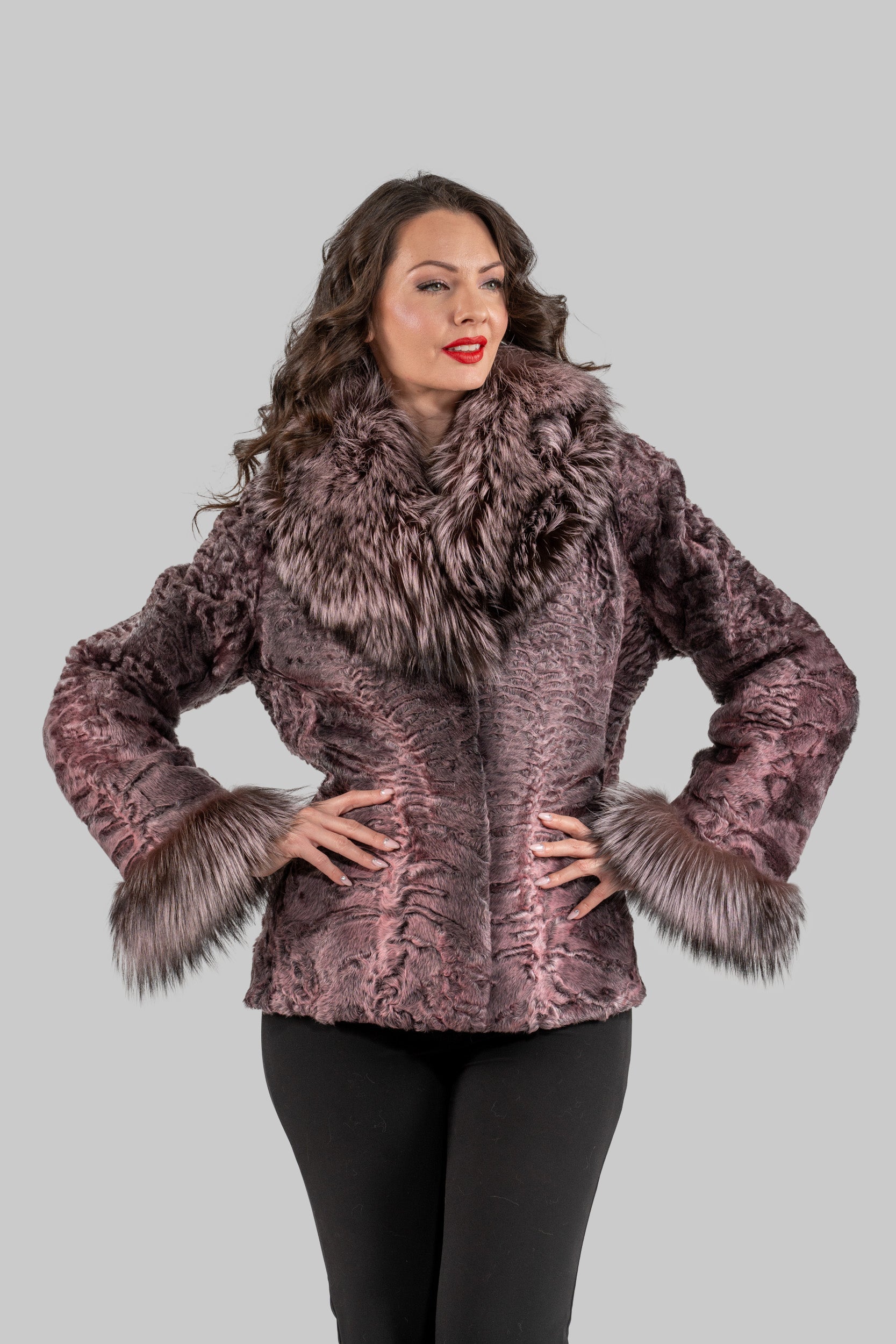 Swakara Jacket With Fox Fur Trim Notch Collar and Cuffs in Pink S/S13C528s20