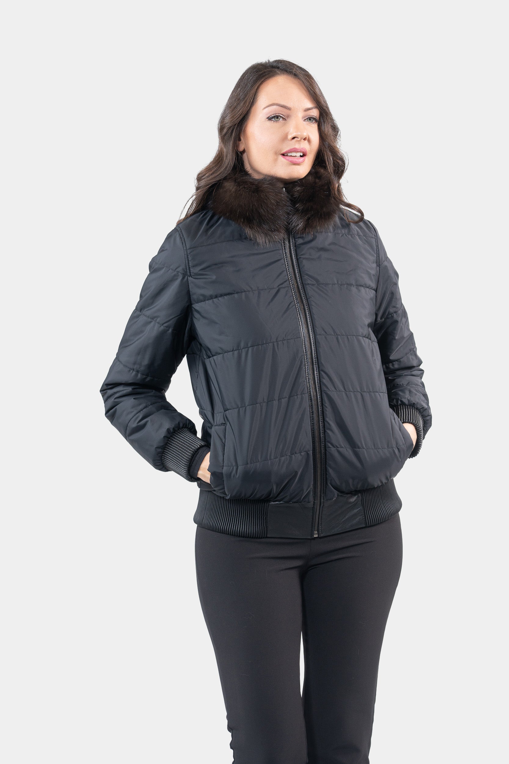 Reversible Dark Russian Sable Bomber Jacket with Stand Collar P/K228