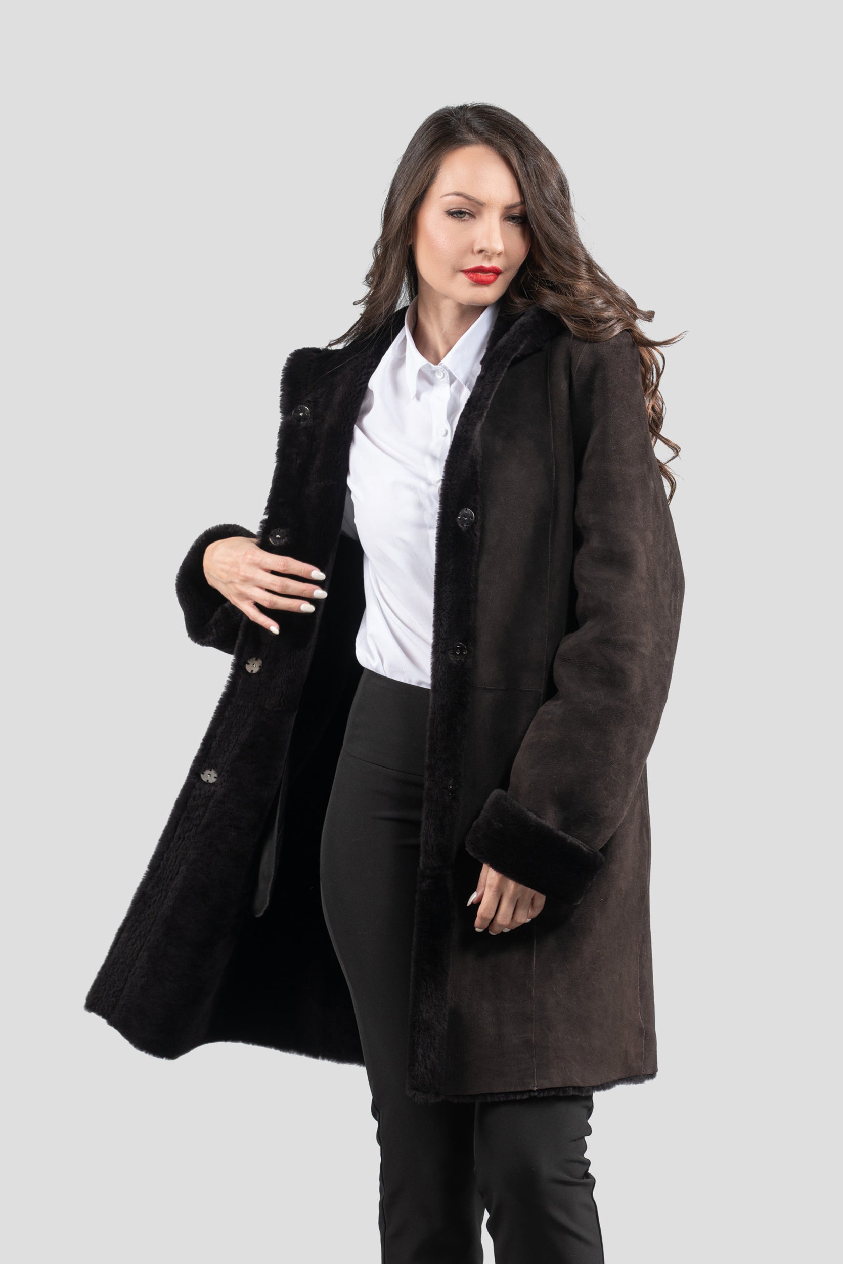 Hooded Brown Half Coat In Spanish Merino 207H