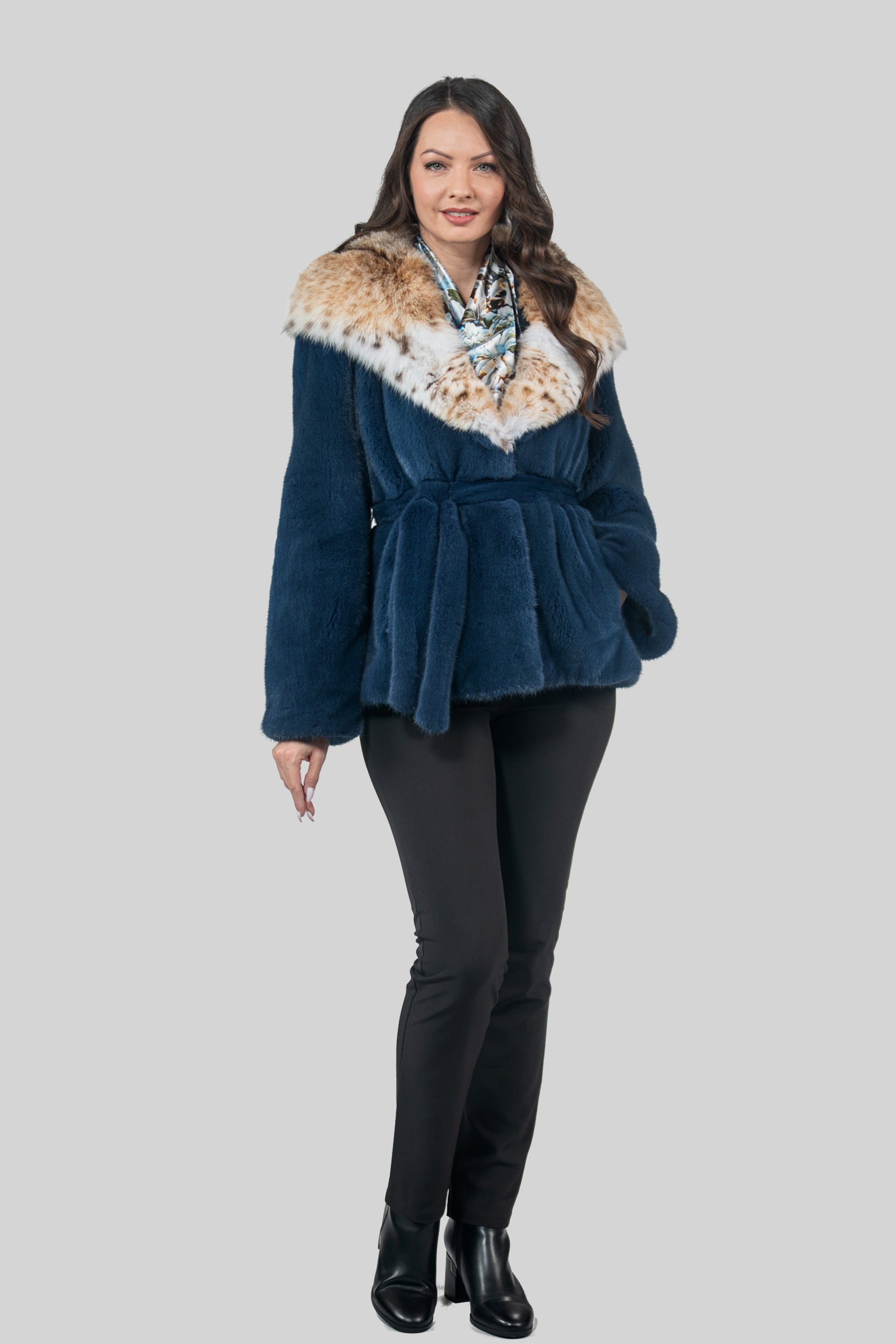 Blue Jean Mink Half Coat with Bobcat Hood L/O13C978