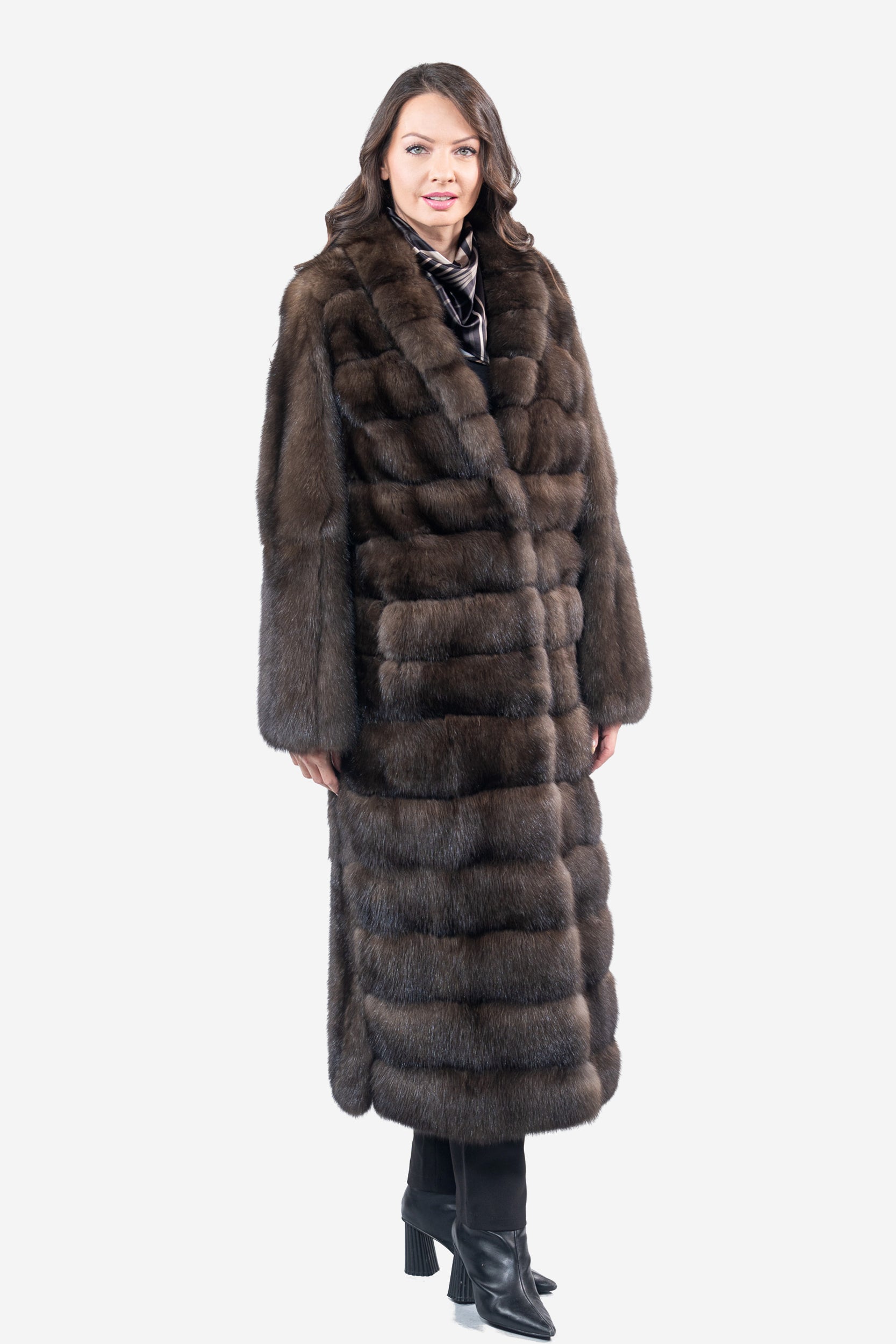 Dark Russian Sable Coat with Shawl Collar and Let Out Back P/K13C530G8003